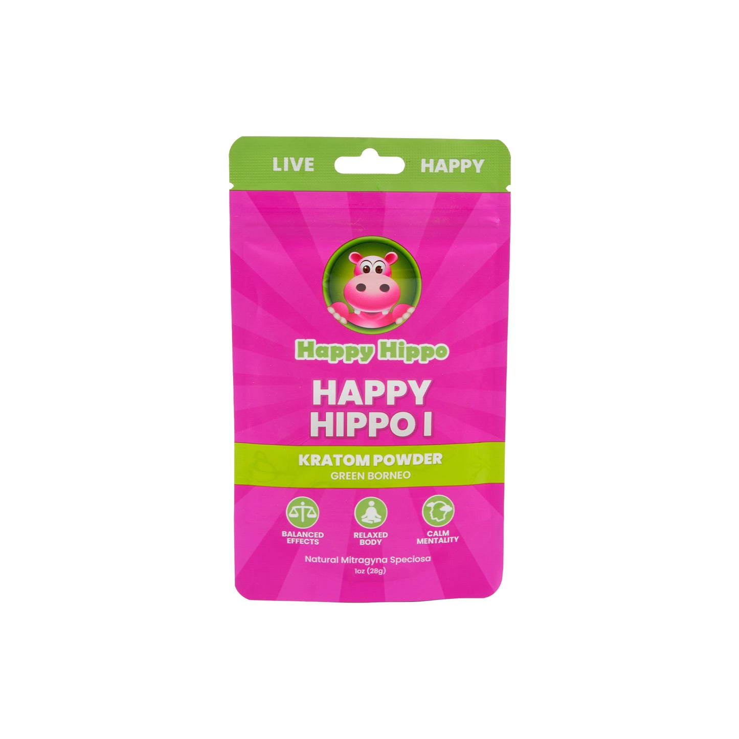 A pink 1g pouch of Happy Hippo Kratom Powder in the Happy Hippo 1 strain