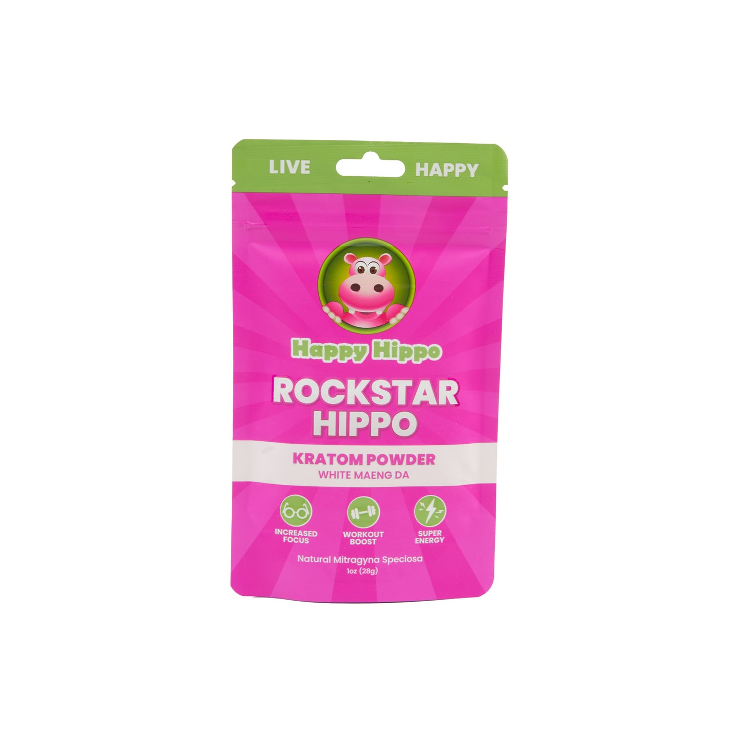 A pink 1g pouch of Happy Hippo Kratom Powder in the Rockstar Hippo strain