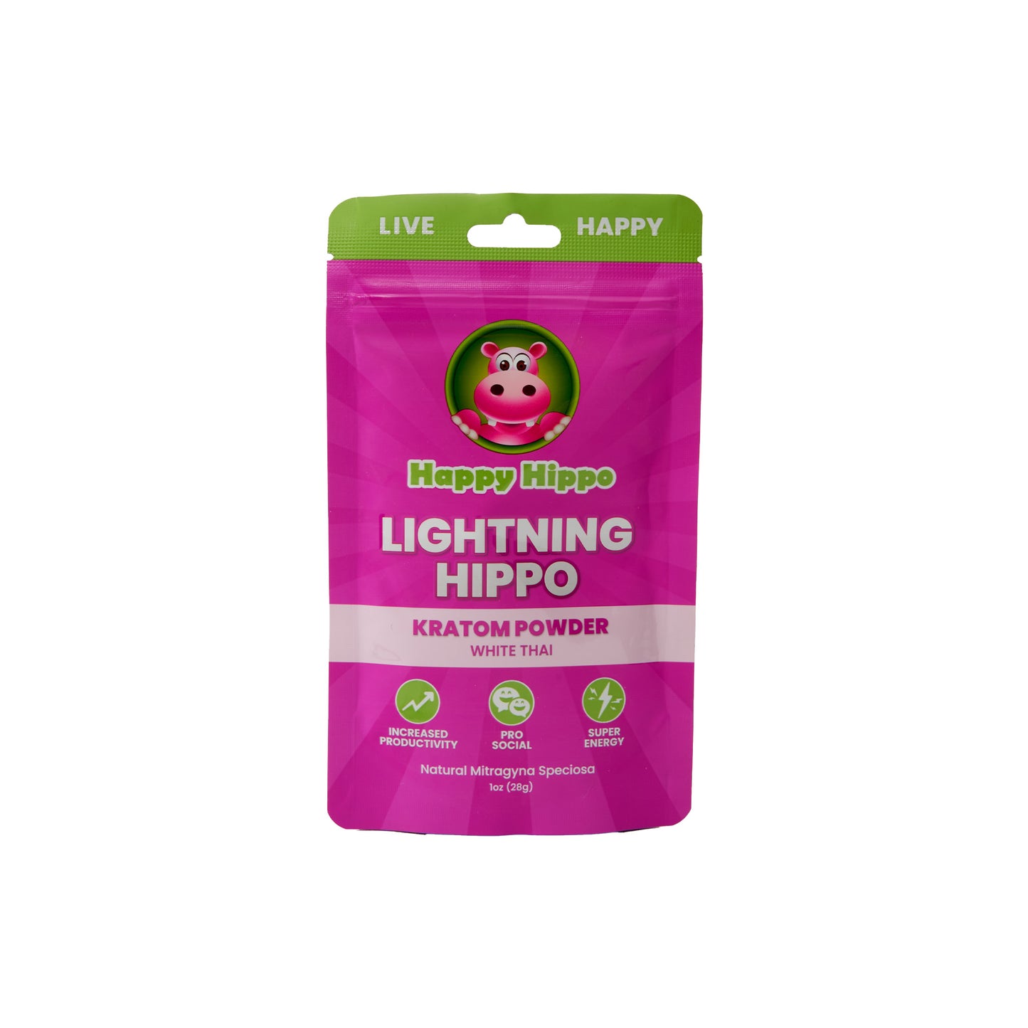 A pink 1g pouch of Happy Hippo Kratom Powder in the Lightning Hippo strain
