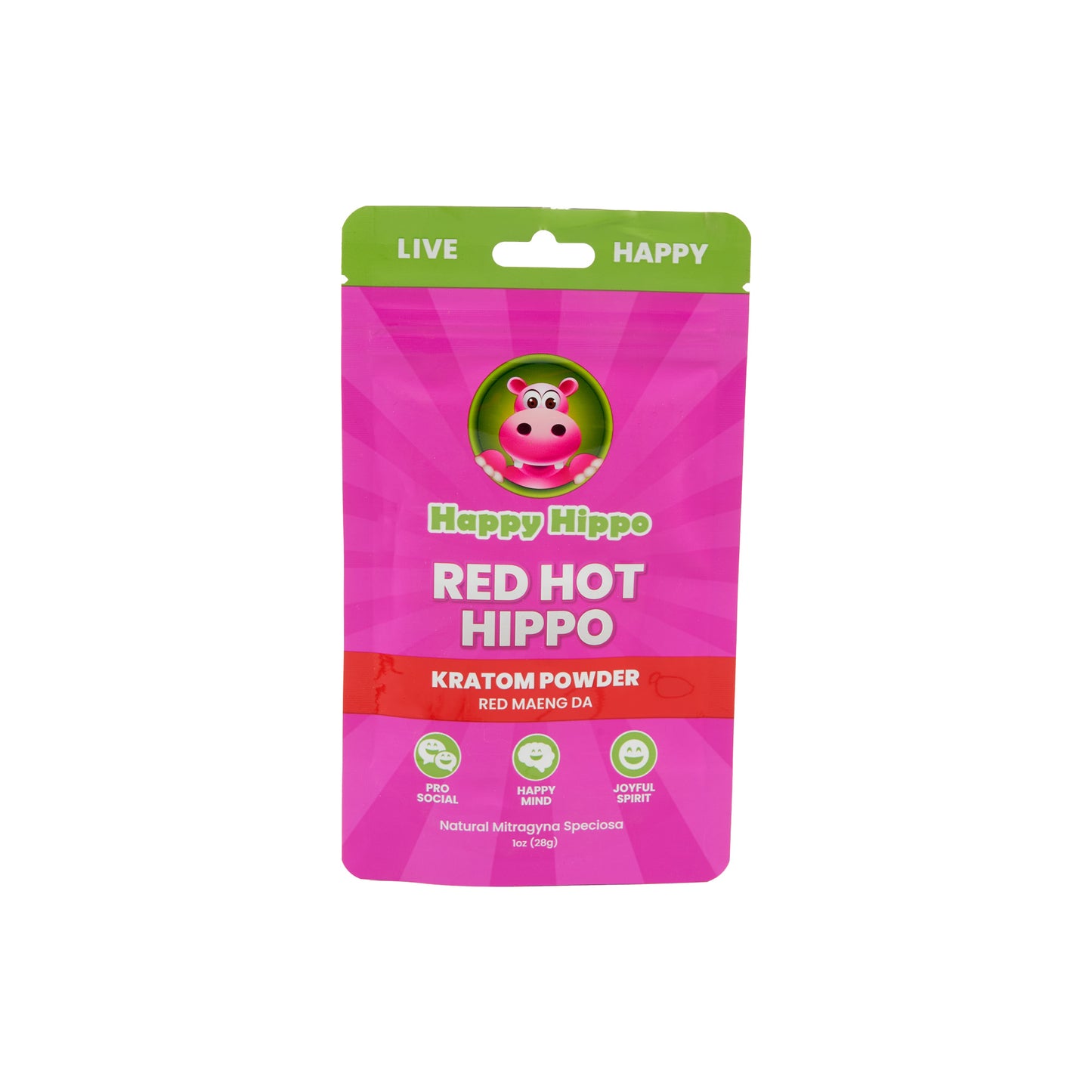 A pink 1g pouch of Happy Hippo Kratom Powder in the Red Hot Hippo strain