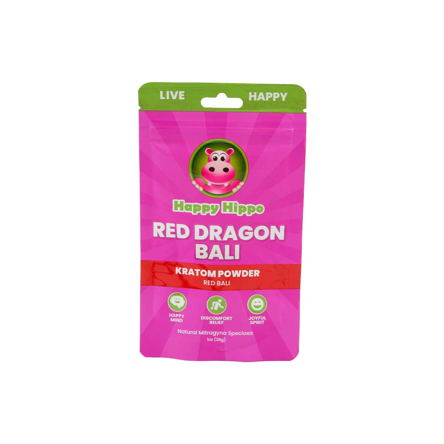 A pink 1g pouch of Happy Hippo Kratom Powder in Red Dragon Bali strain