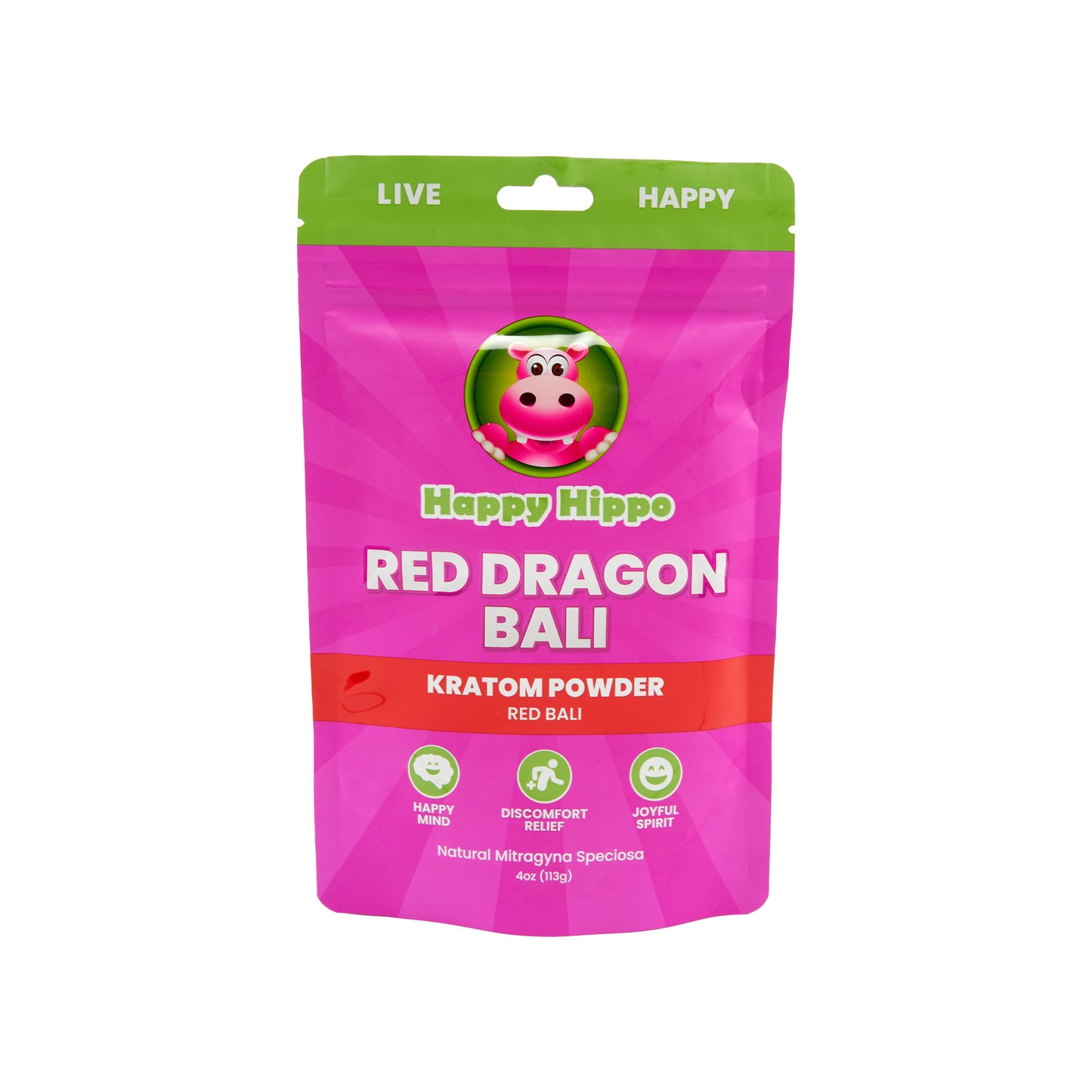 A pink 4oz pouch of Happy Hippo Kratom Powder in the Red Dragon Bali strain