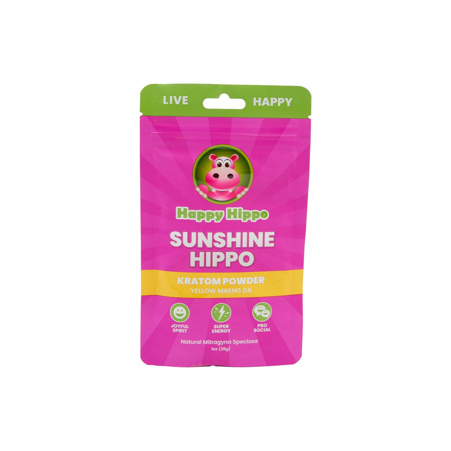 A pink 1g pouch of Happy Hippo Kratom Powder in the Sunshine Hippo strain