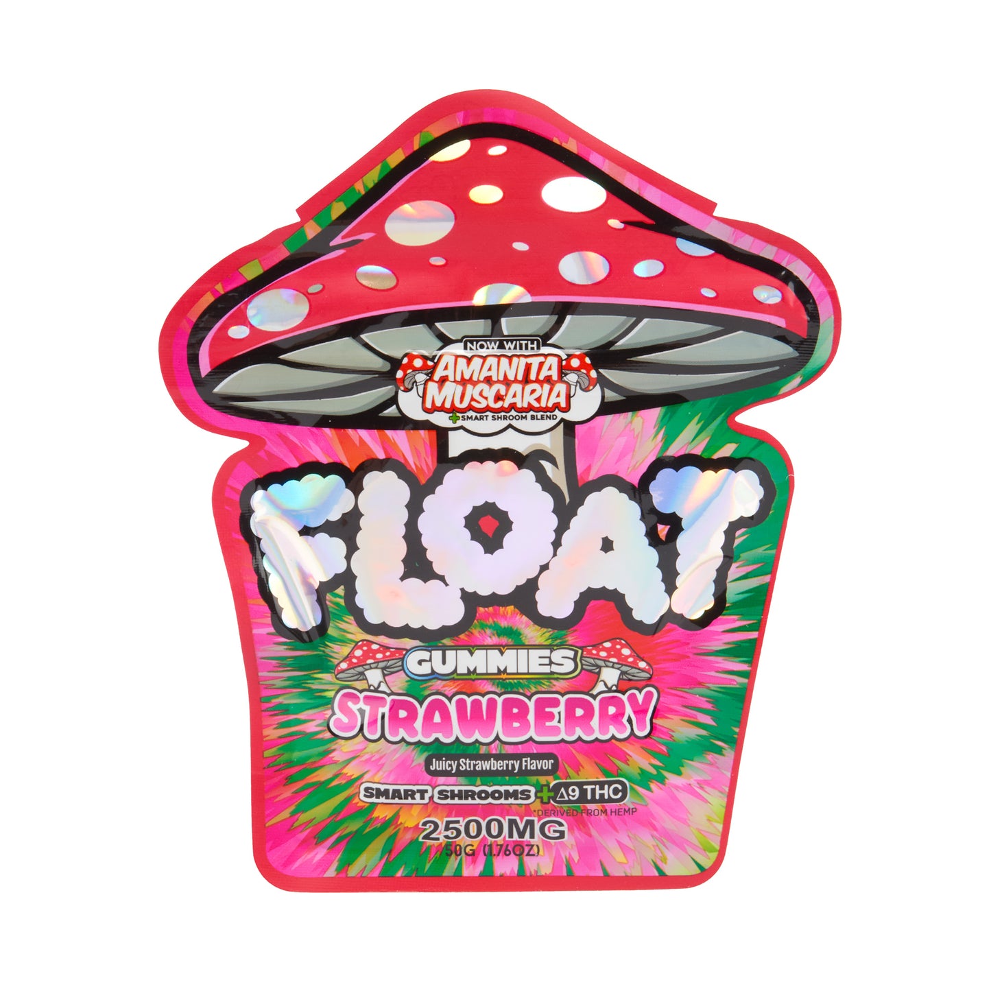 A pink pouch of strawberry Float Microdose 2500mg Mushroom Gummies