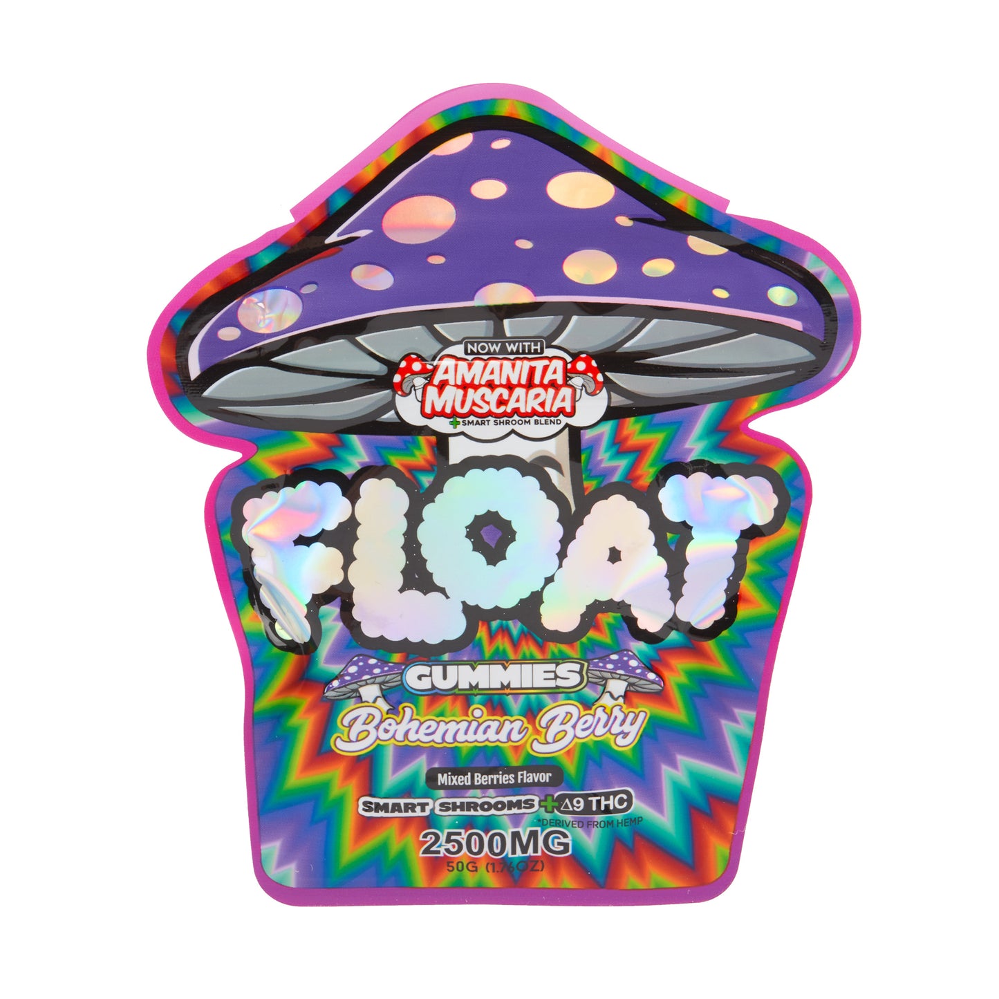 A purple pouch of Bohemian Berry Float Microdose 2500mg Mushroom Gummies