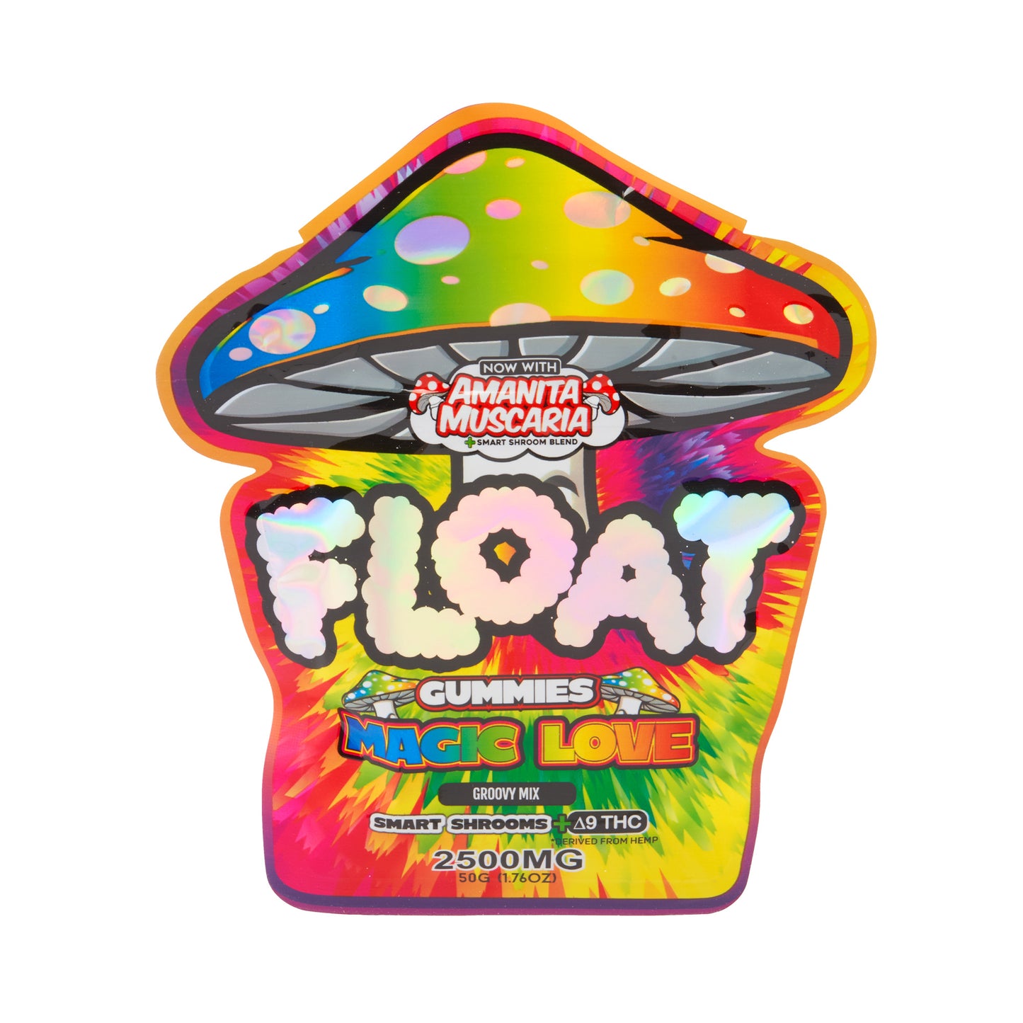 A tie dye pouch of Magic Love Float Microdose 2500mg Mushroom Gummies