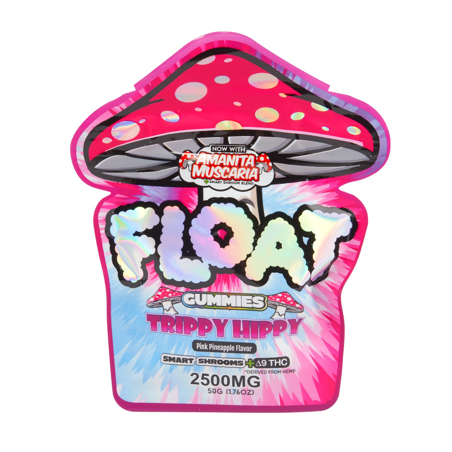 A pink and blue pouch of Trippy Hippy Float Microdose 2500mg Mushroom Gummies