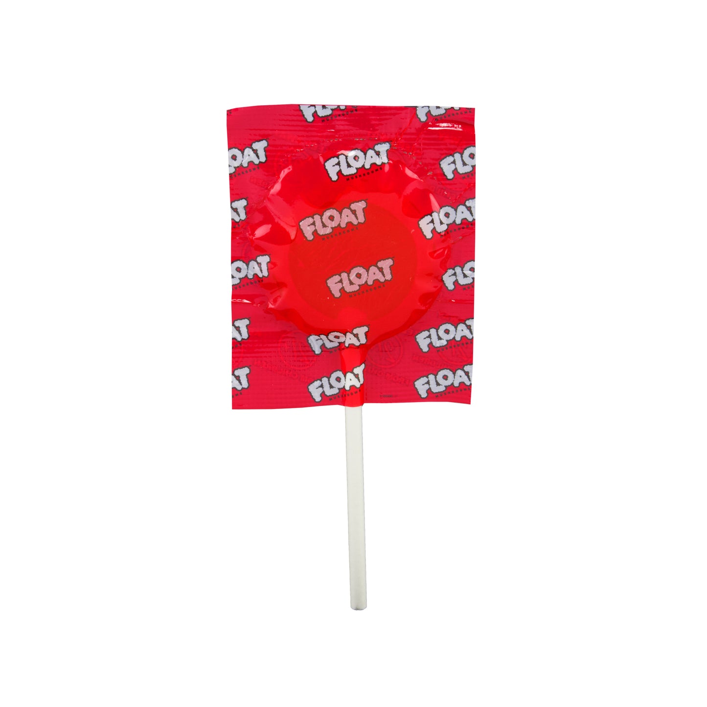 A Silly Strawberry Float 250mg Mushroom Lollipop in its red wrapper