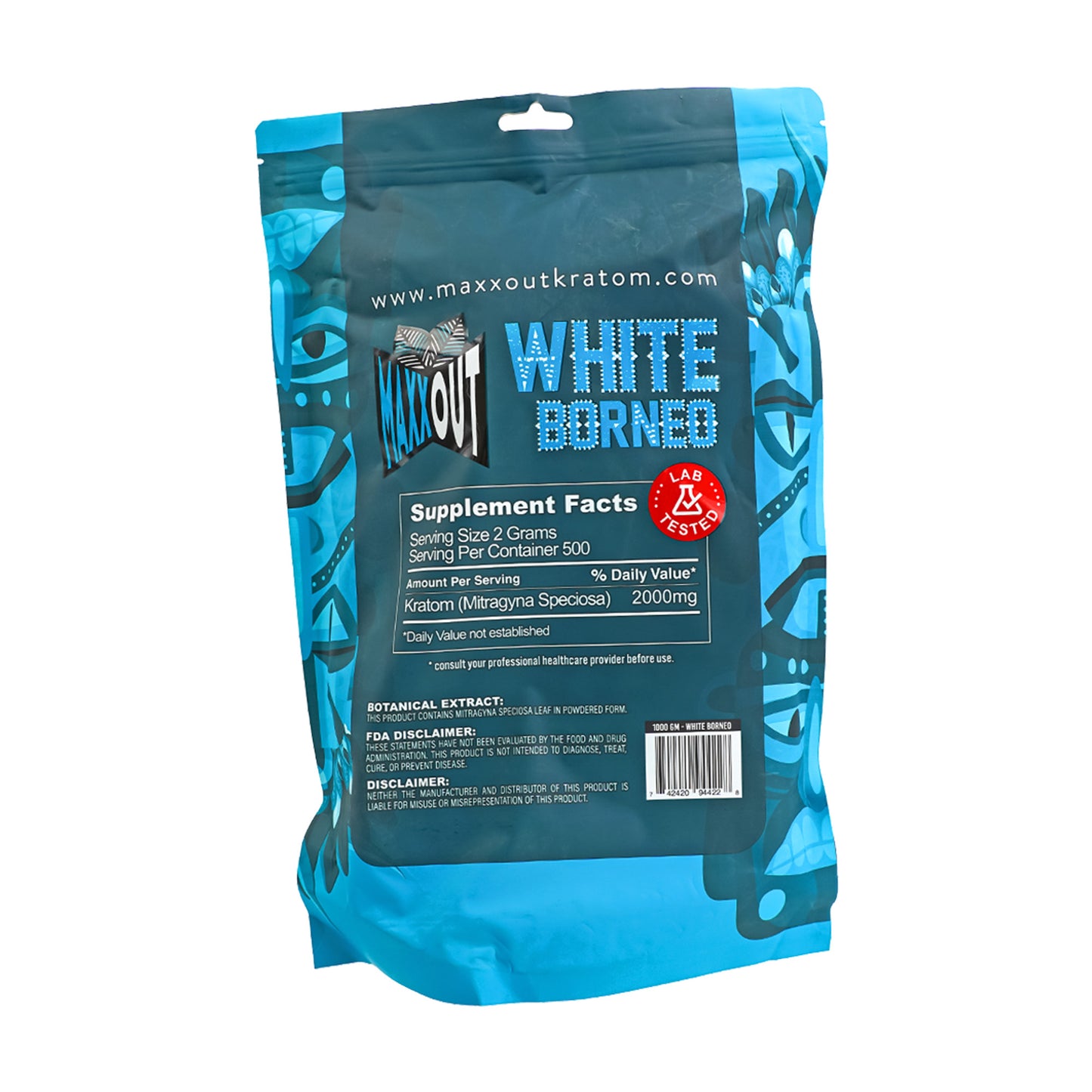 The back of A blue 1000g pouch of White Borneo MaxxOut Kratom powder