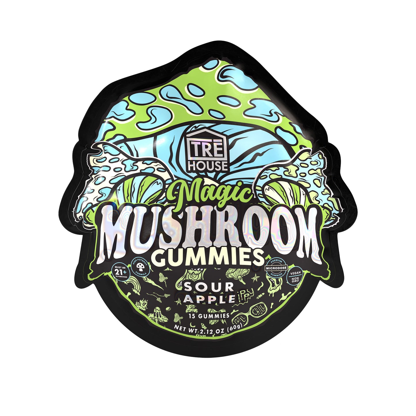 A pouch of sour apple Tre House Magic Mushroom Gummies