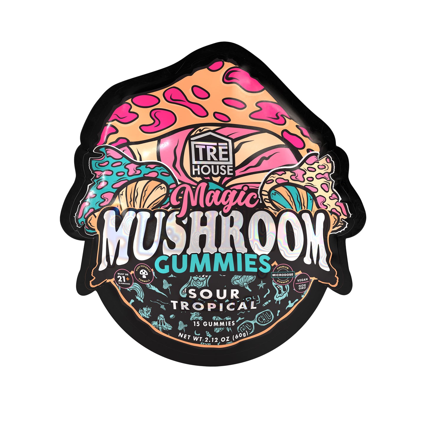 A pouch of sour tropical Tre House Magic Mushroom Gummies