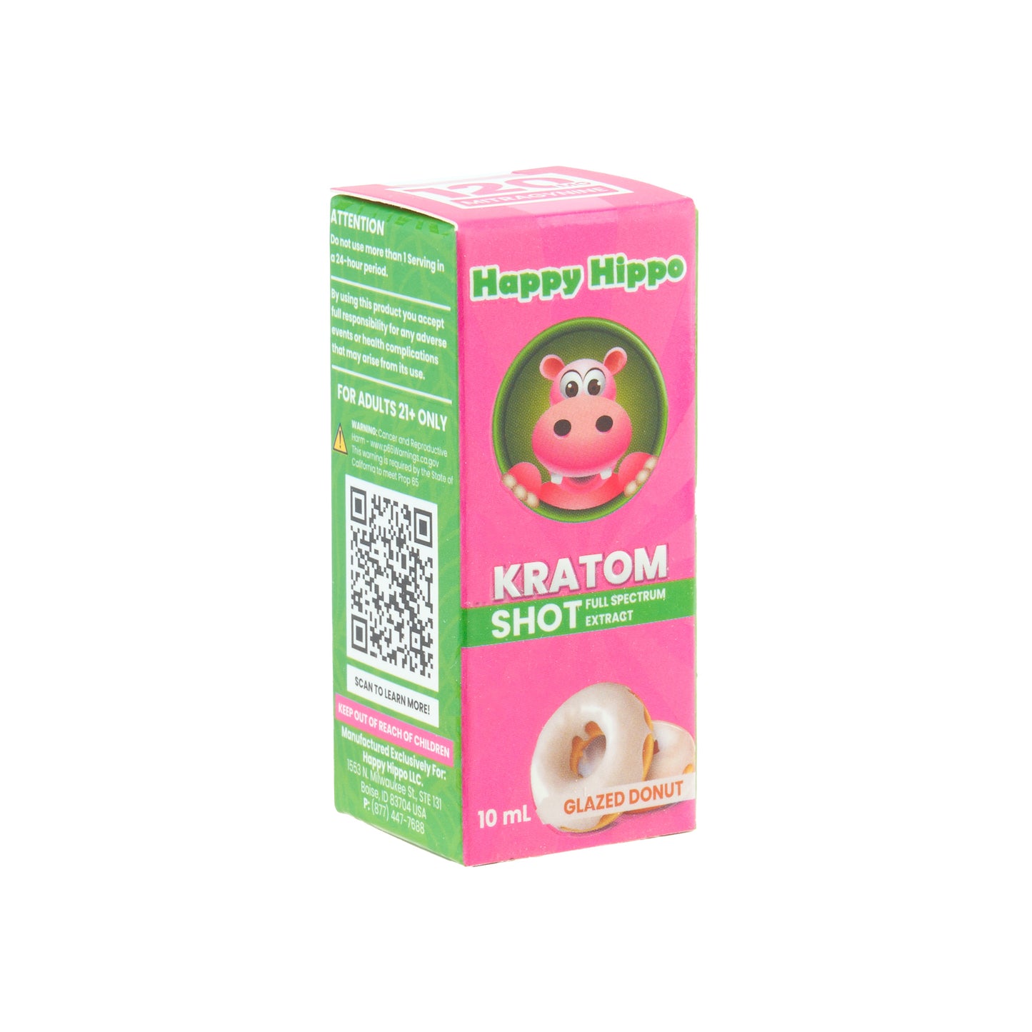 An angled pink box for a glazed donut 120mg Happy Hippo Kratom Extract shot
