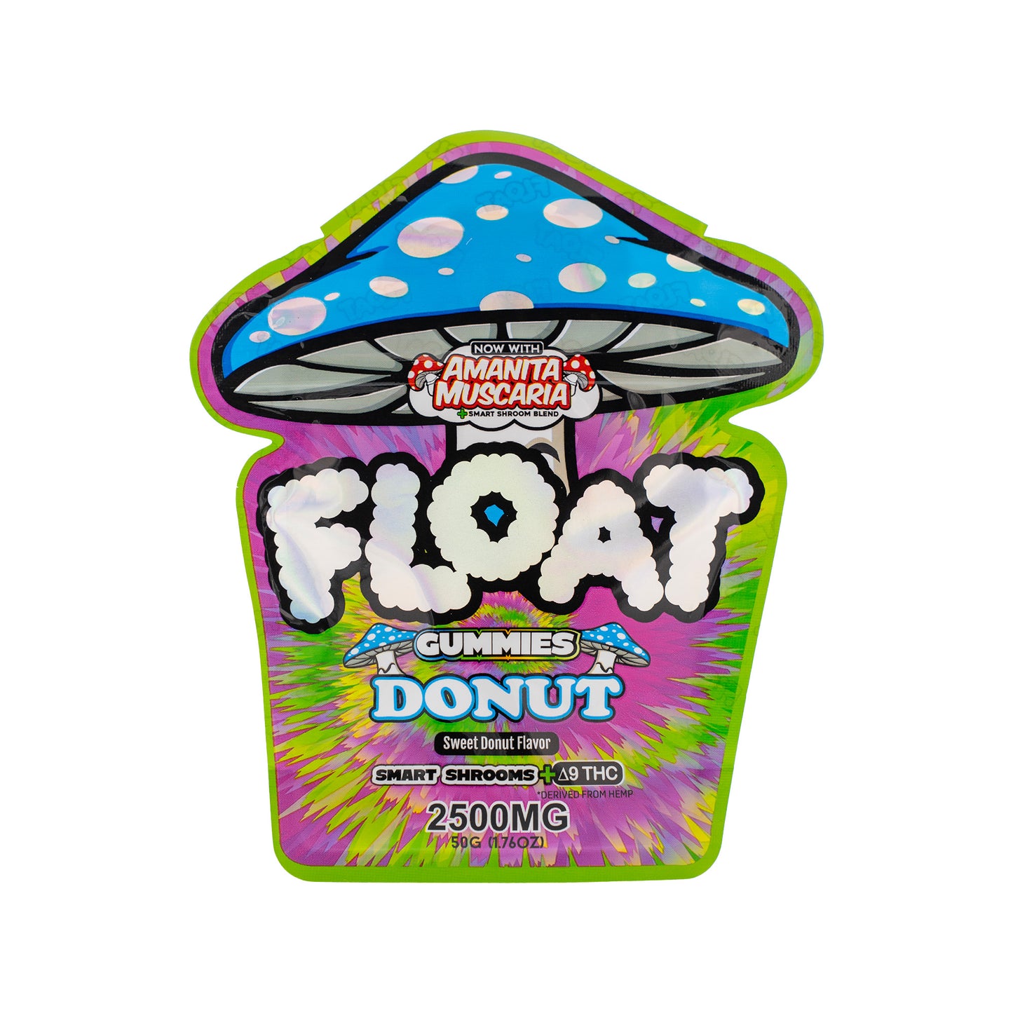 A purple, green and blue pouch of Donut Float Microdose 2500mg Mushroom Gummies