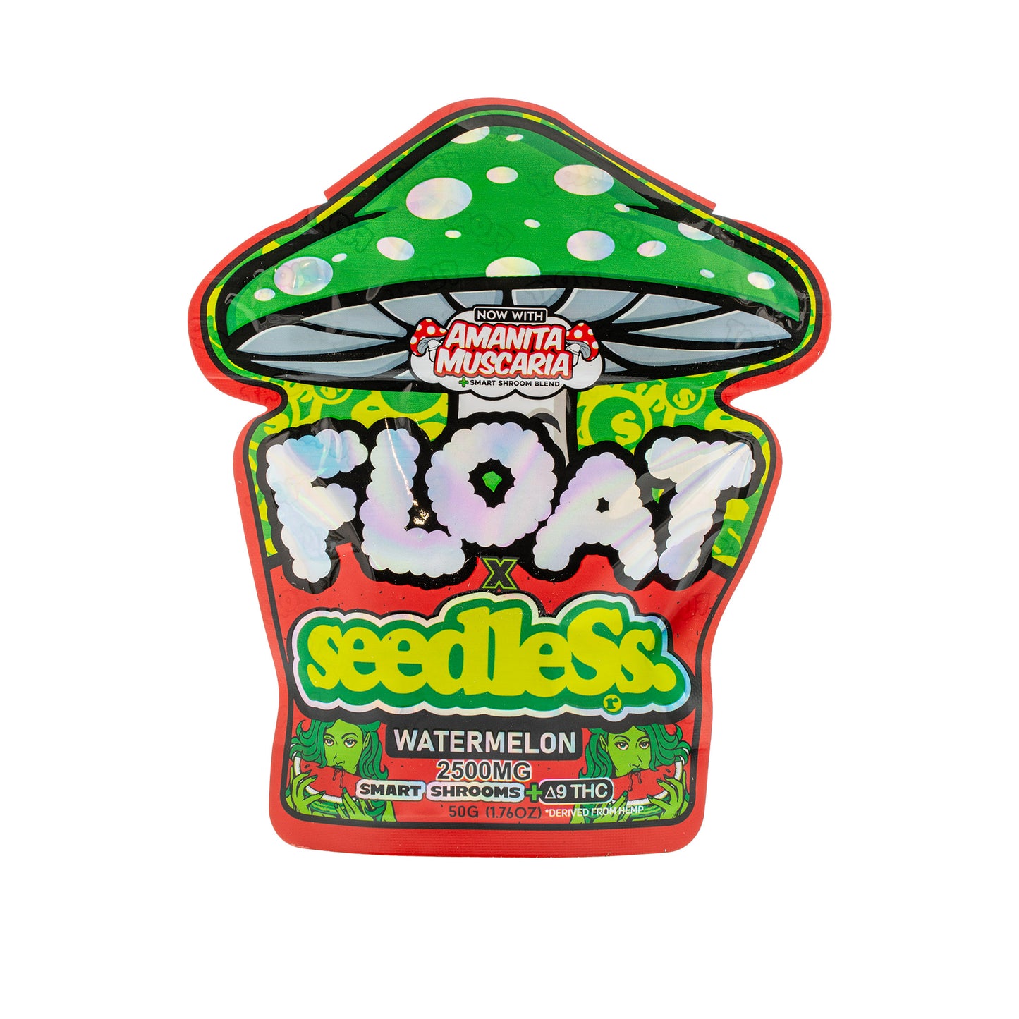 A green, yellow and red pouch of Seedless Watermelon Float Microdose 2500mg Mushroom Gummies