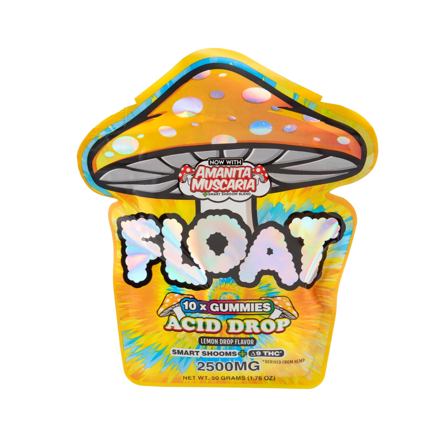 An orange pouch of Acid Drop Float Microdose 2500mg Mushroom Gummies
