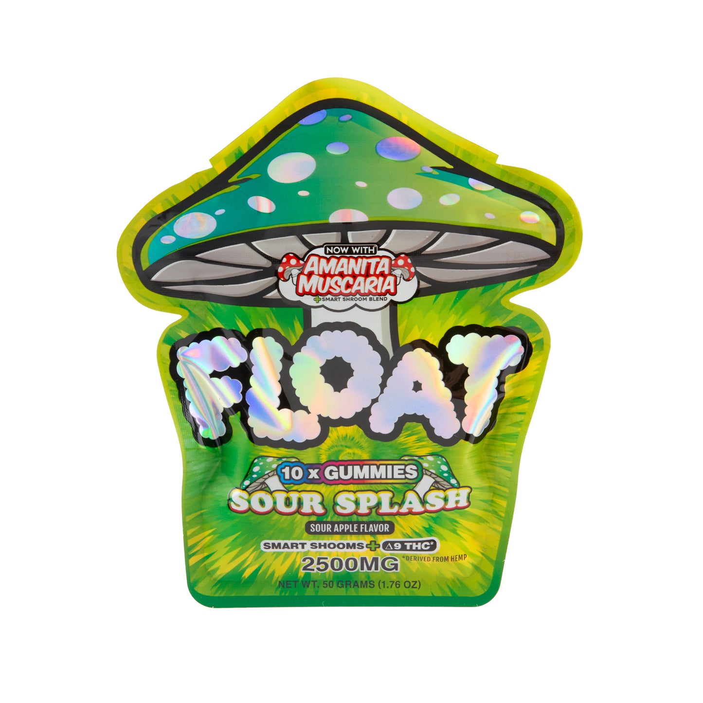 A green pouch of Sour Splash Float Microdose 2500mg Mushroom Gummies