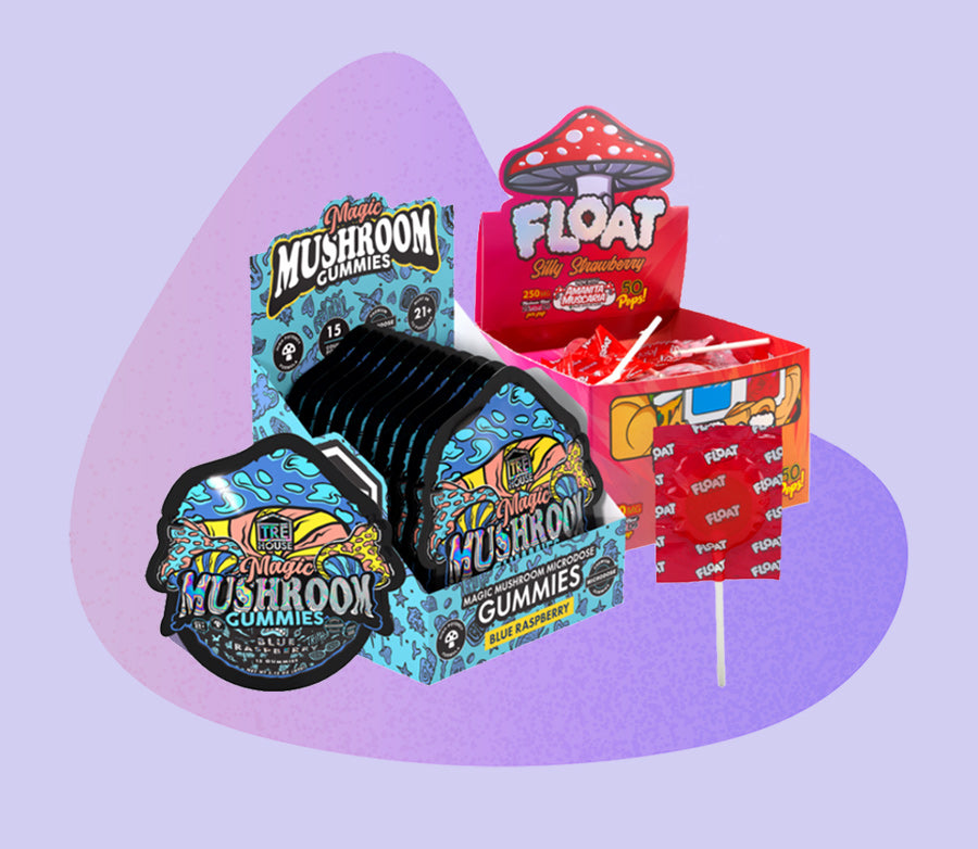 A selection of Village Corner Store products and store displays over a kidney shaped abstract purple shape. The products featured are Tre House magic mushroom Blue Raspberry flavored gummies and Float Mushroom Silly Strawberry flavor Mushroom infused lollypop hard candies for sale online.