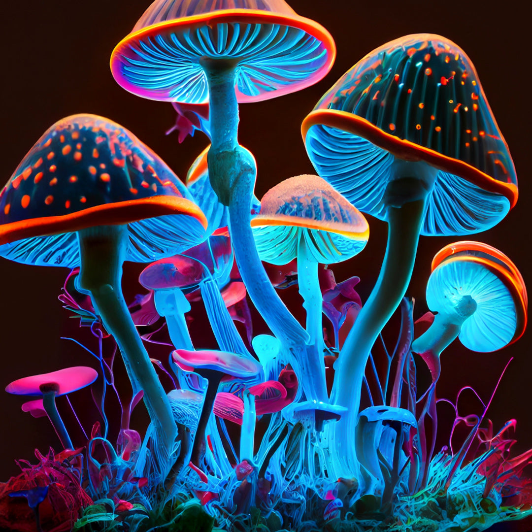 Group of neon colored mushrooms in a dark atmospheric setting for the Village Cornerstore to represent our products such as mushroom edibles.