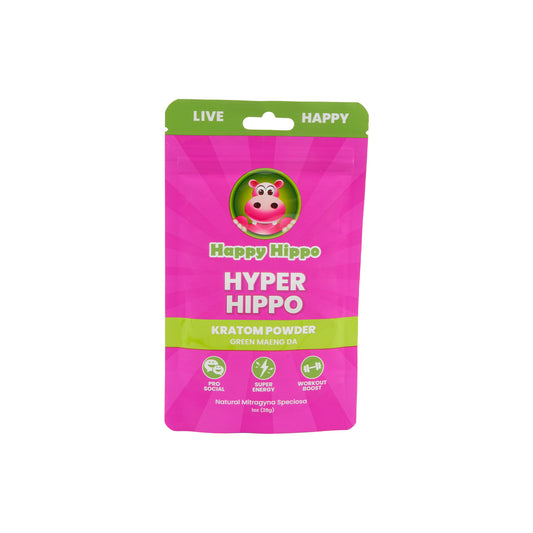 A pink 1g pouch of Happy Hippo Kratom Powder in the Hyper Hippo strain