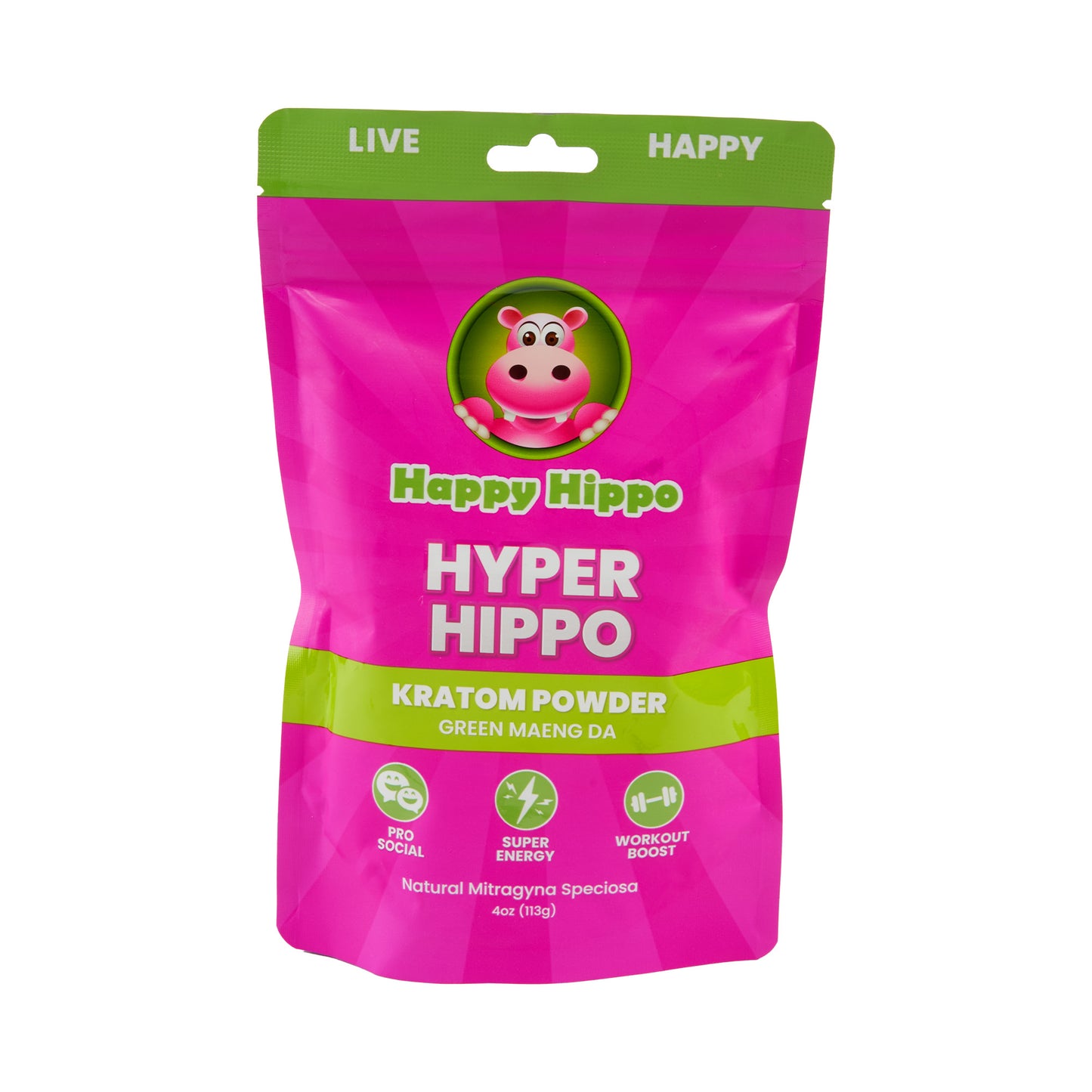 A pink 4oz pouch of Happy Hippo Kratom Powder in the Hyper Hippo strain