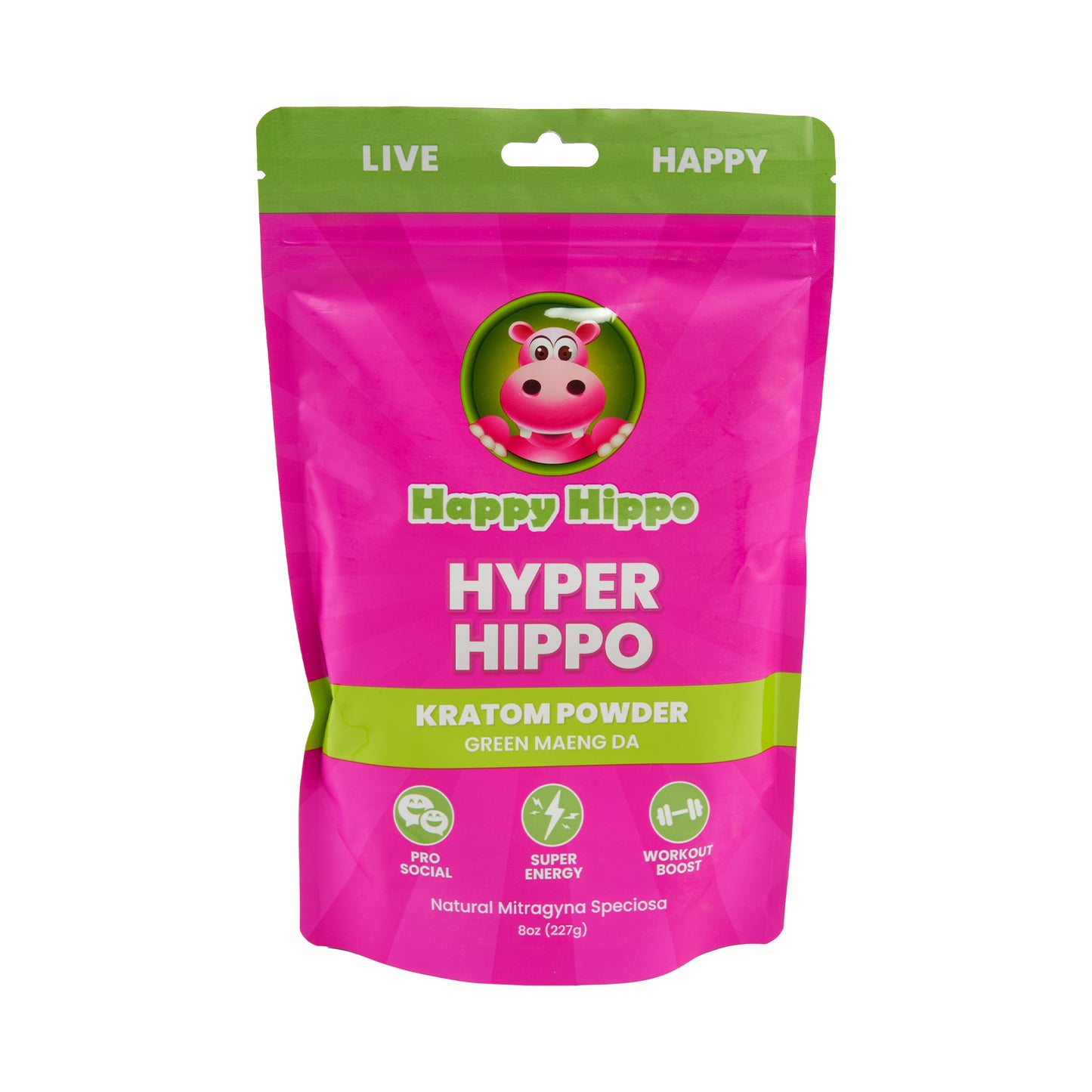 A pink 8oz pouch of Happy Hippo Kratom Powder in the Hyper Hippo strain