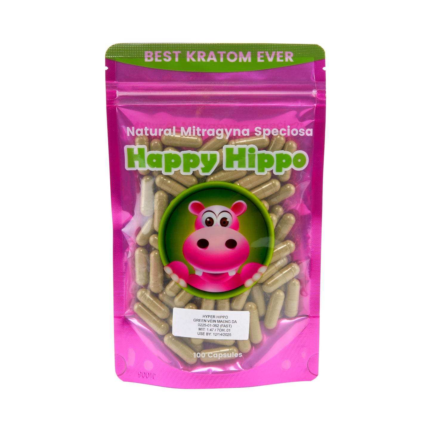 A sealed pink 100ct pouch of Happy Hippo kratom capsules in Hyper Hippo