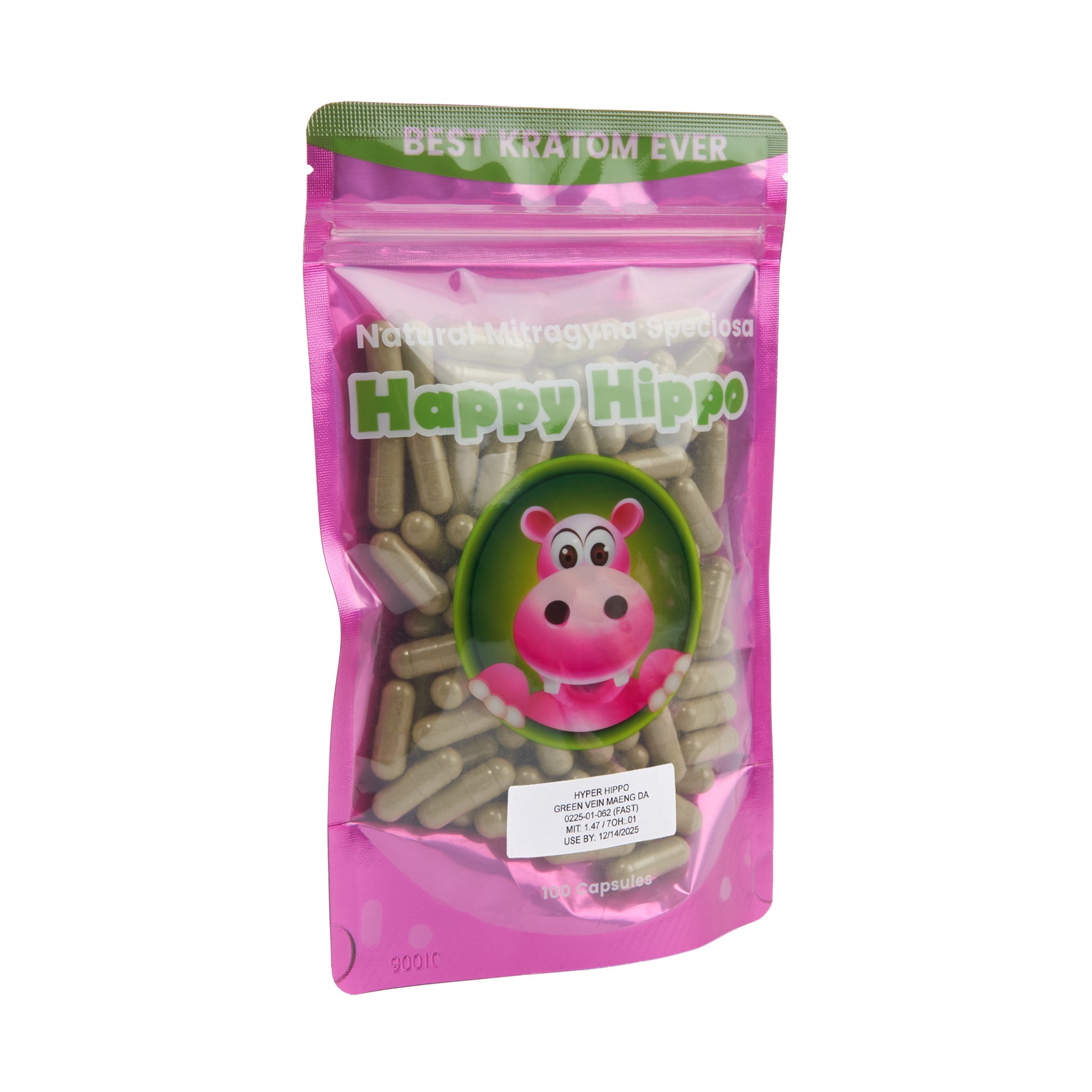 A sealed pink 100ct pouch of Happy Hippo kratom capsules in Hyper Hippo on an angle