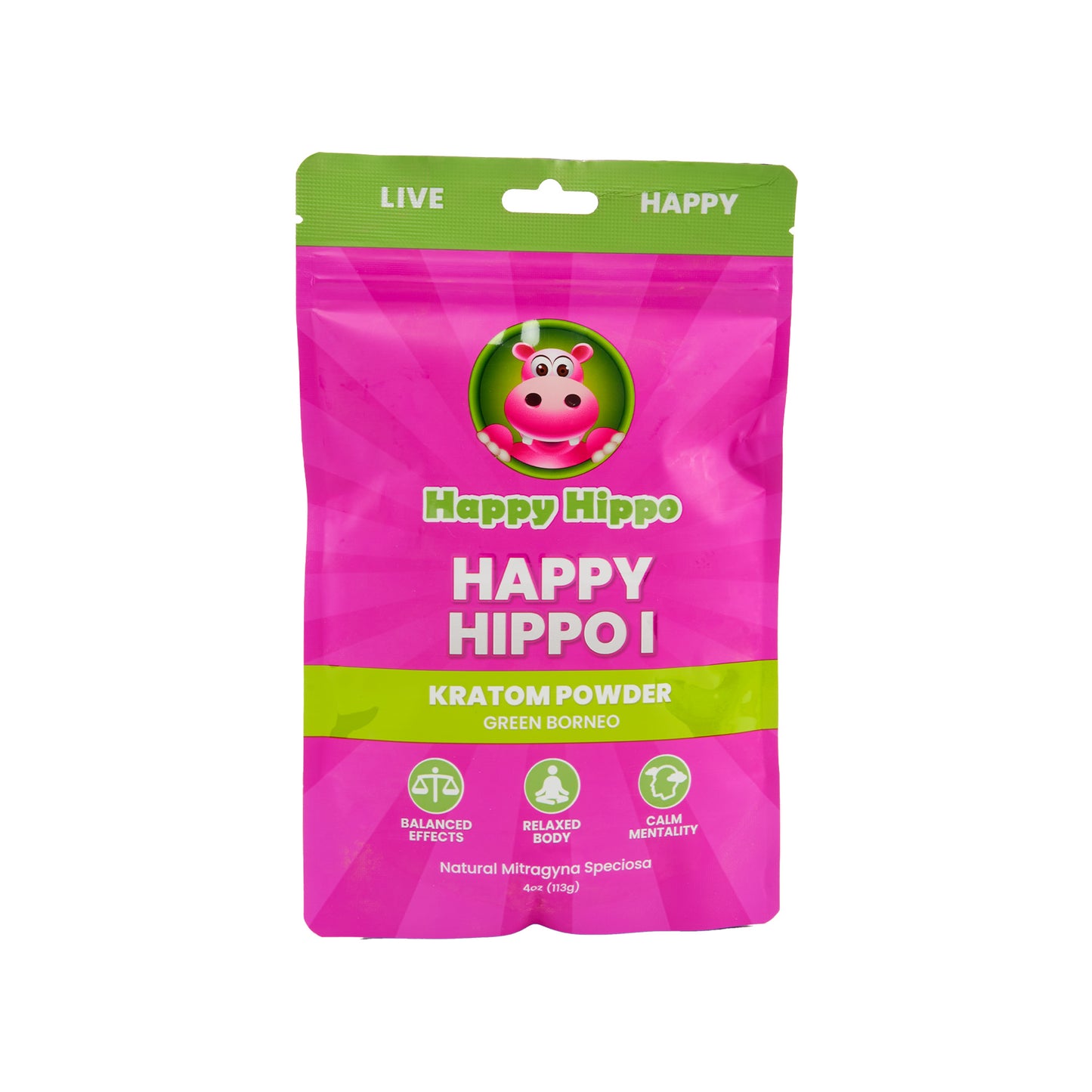 A pink 4oz pouch of Happy Hippo Kratom Powder in the Happy Hippo 1 strain
