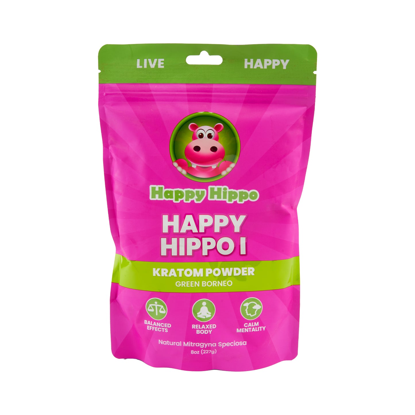 A pink 8oz pouch of Happy Hippo Kratom Powder in the Happy Hippo 1 strain