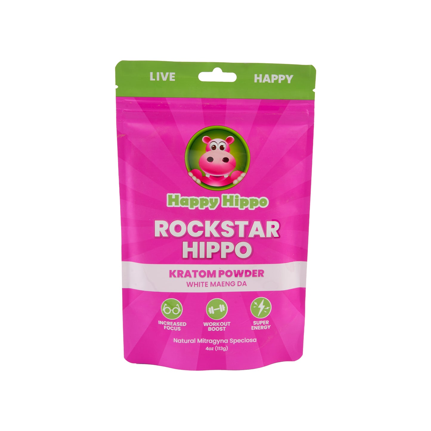 A pink 4oz pouch of Happy Hippo Kratom Powder in the Rockstar Hippo strain
