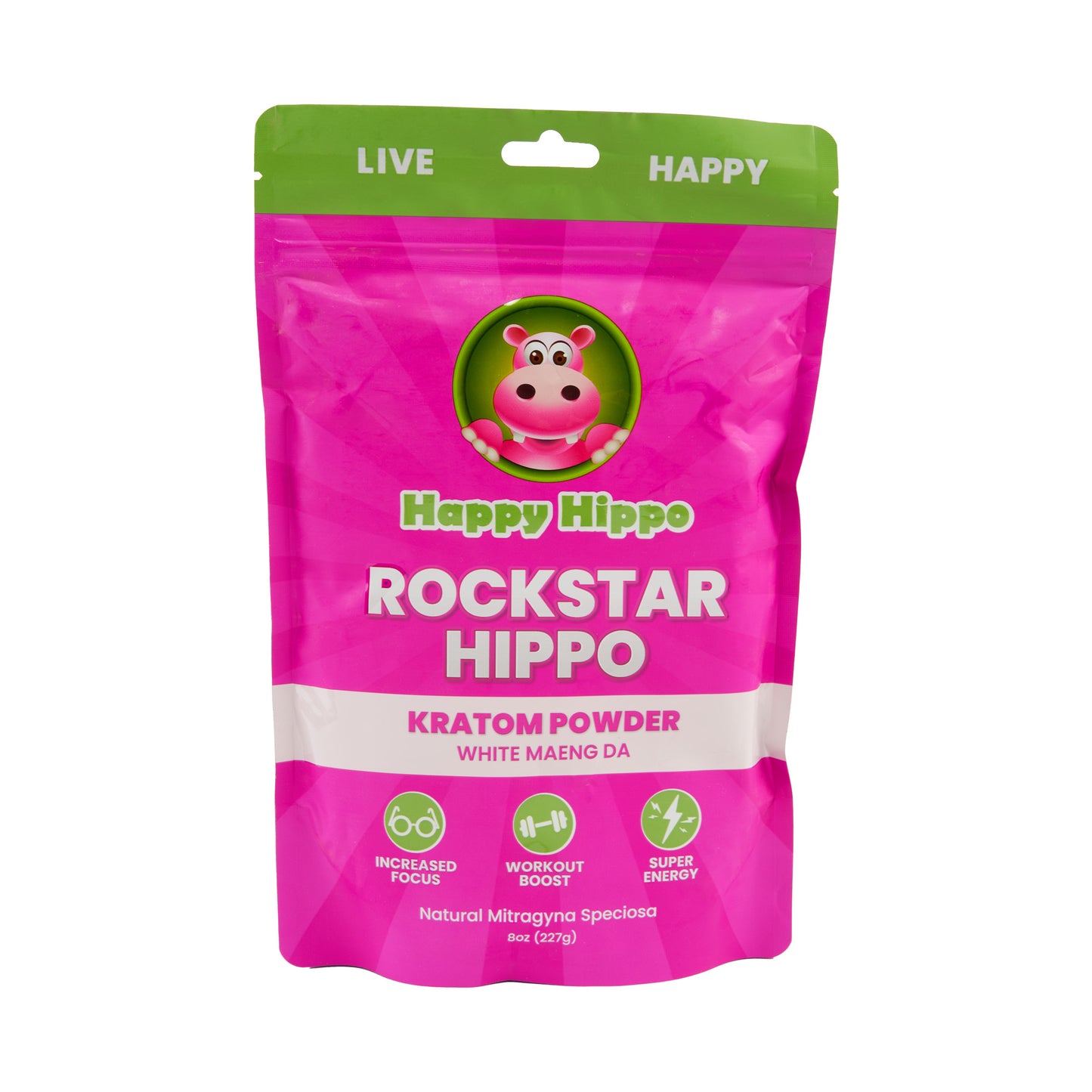 A pink 8oz pouch of Happy Hippo Kratom Powder in the Rockstar Hippo strain