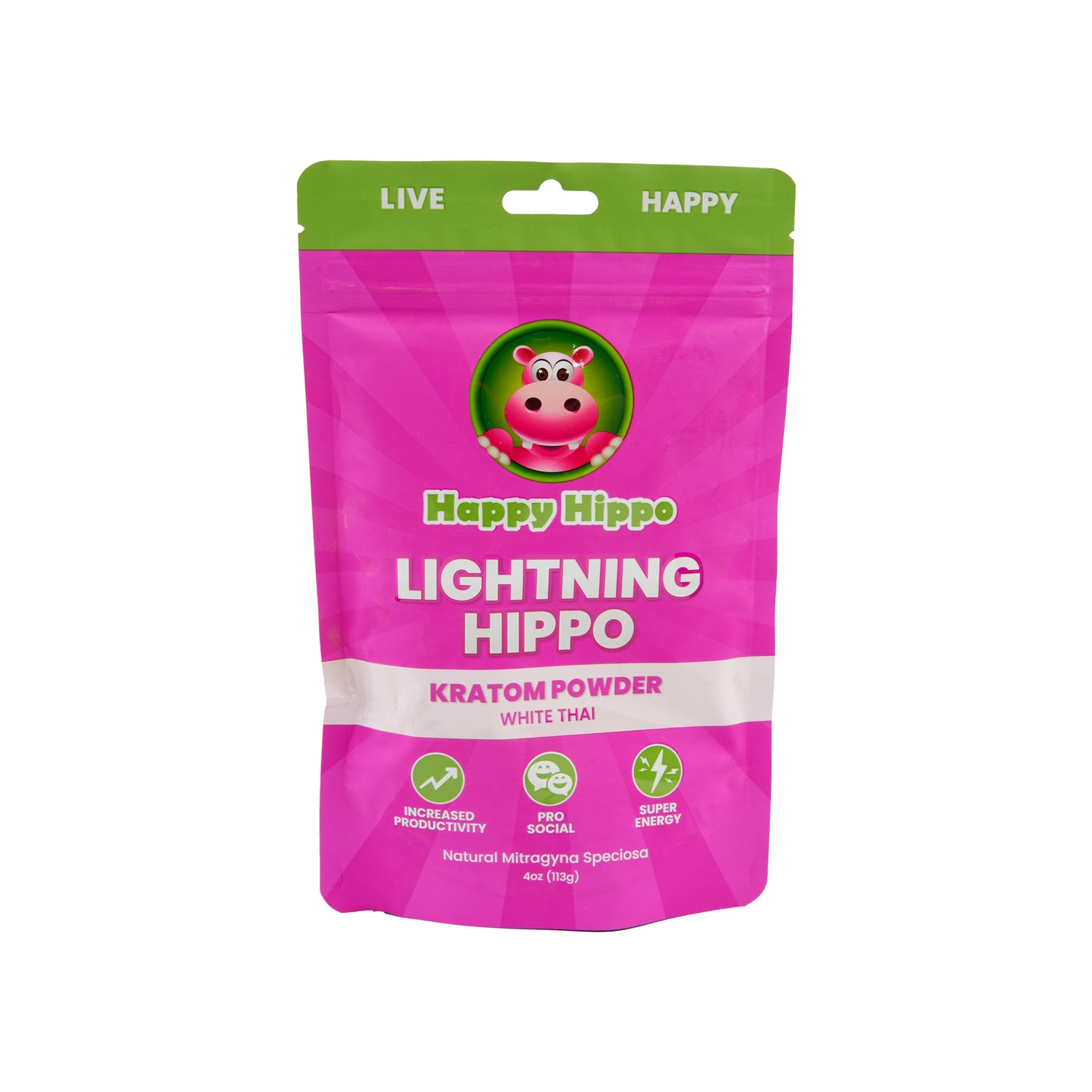 A pink 4oz pouch of Happy Hippo Kratom Powder in the Lightning Hippo strain