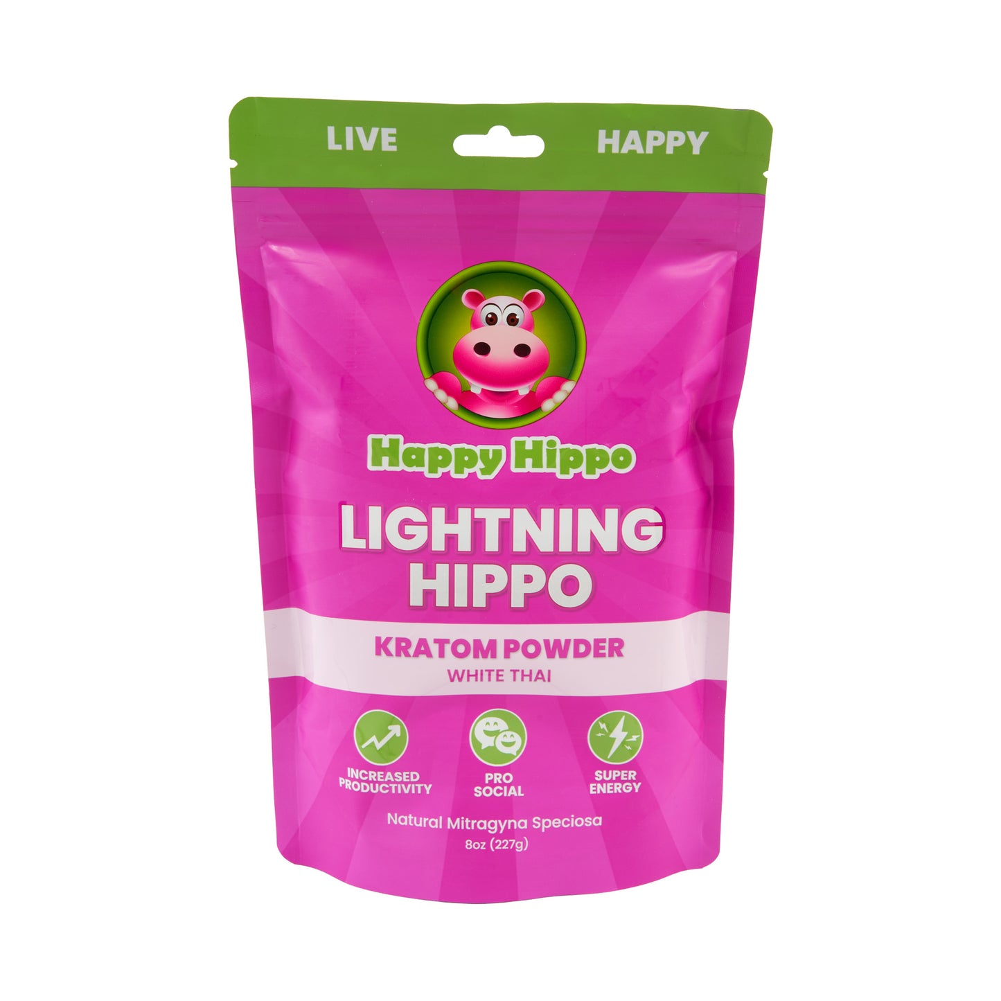 A pink 8oz pouch of Happy Hippo Kratom Powder in the Lightning Hippo strain