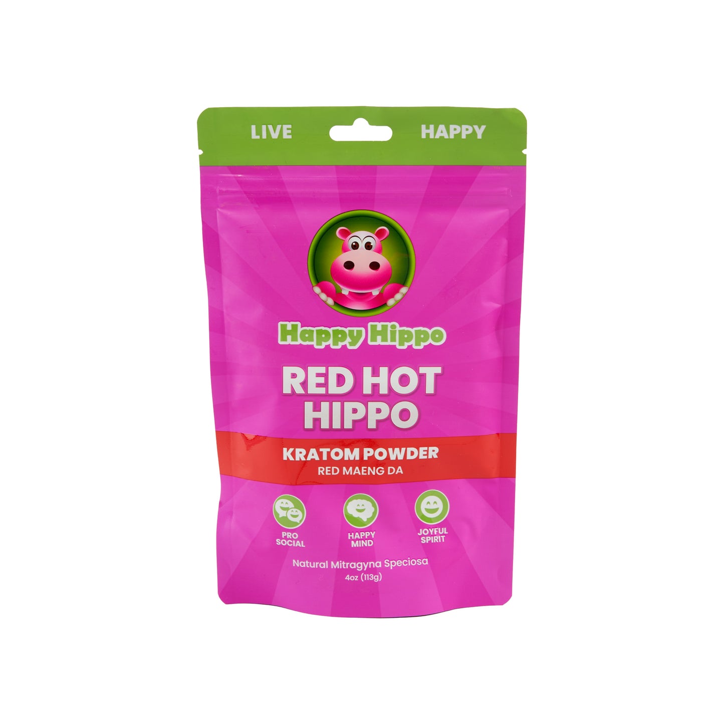 A pink 4oz pouch of Happy Hippo Kratom Powder in the Red Hot Hippo strain