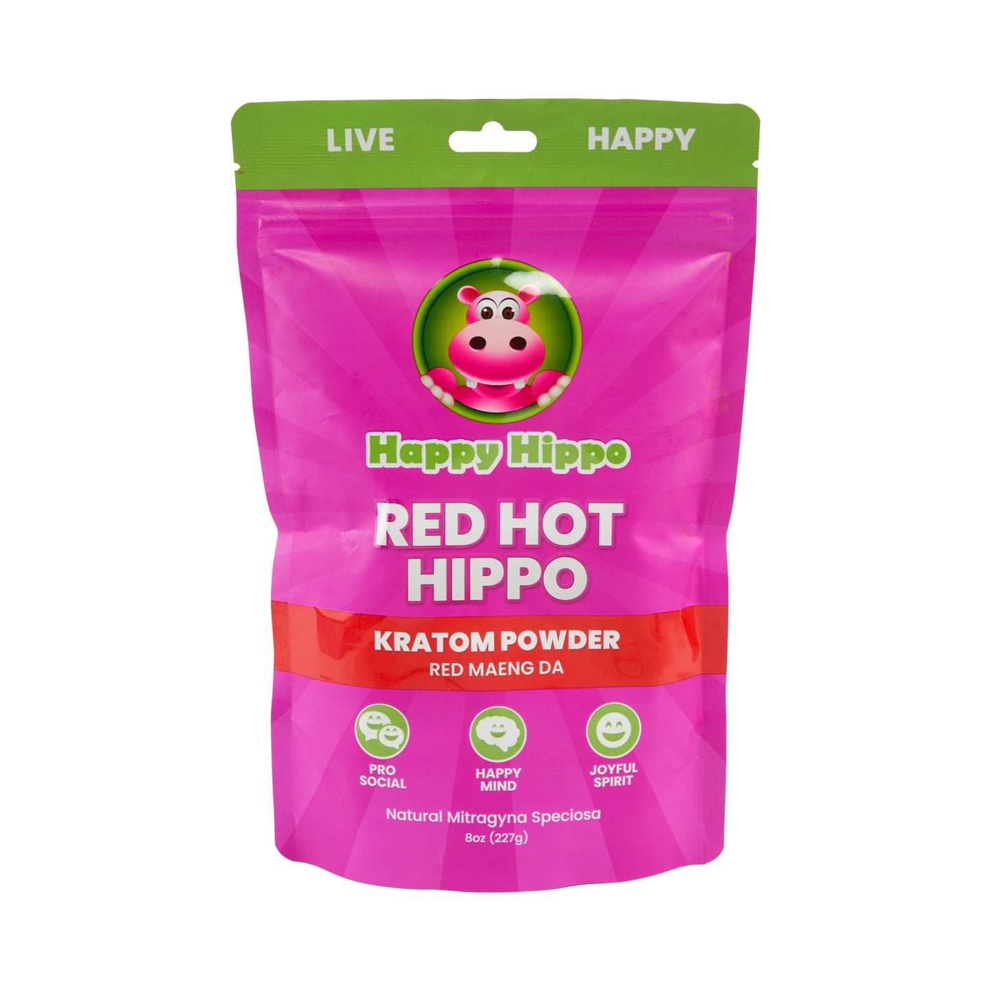 A pink 8oz pouch of Happy Hippo Kratom Powder in the Red Hot Hippo strain