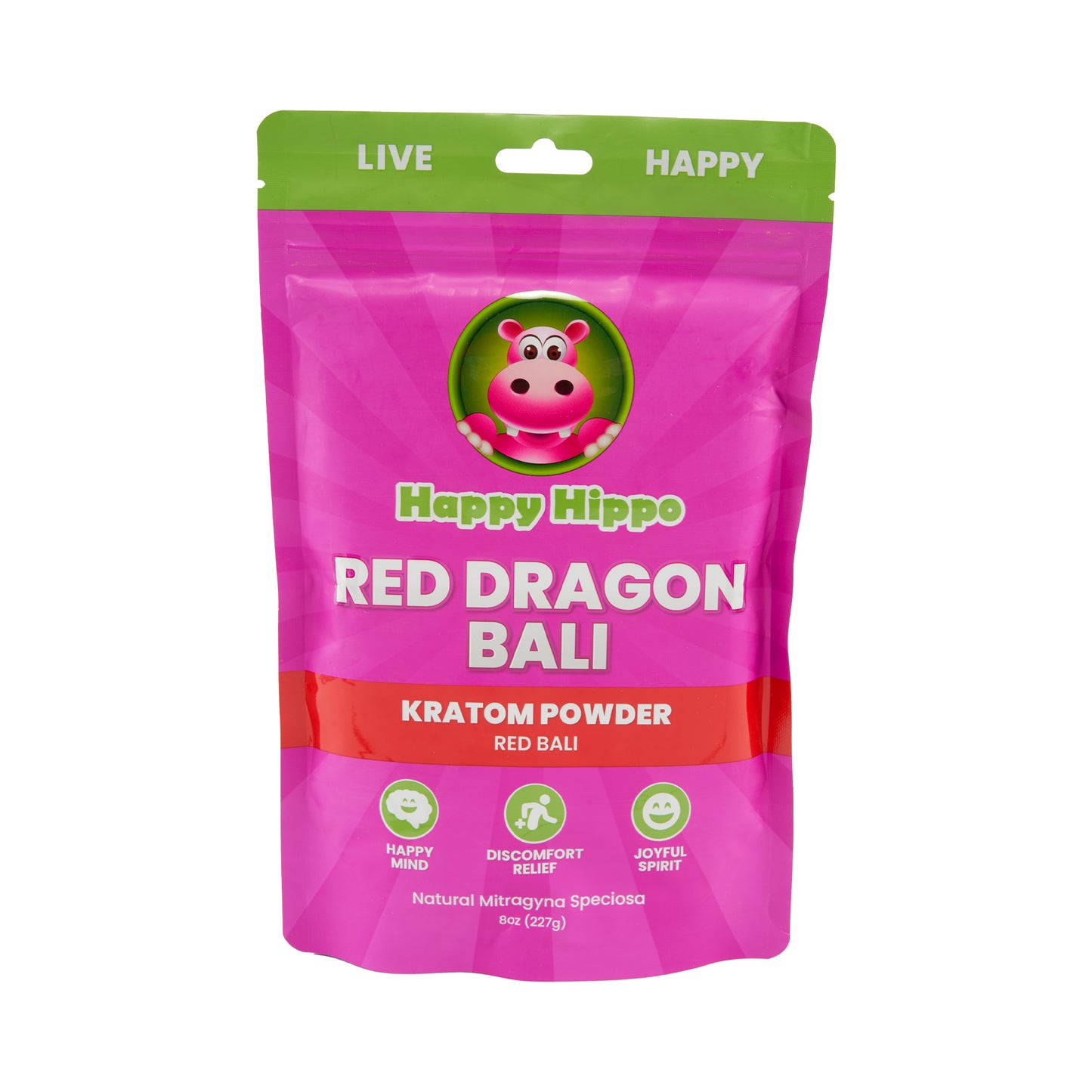 A pink 8oz pouch of Happy Hippo Kratom Powder in the Red Dragon Bali strain