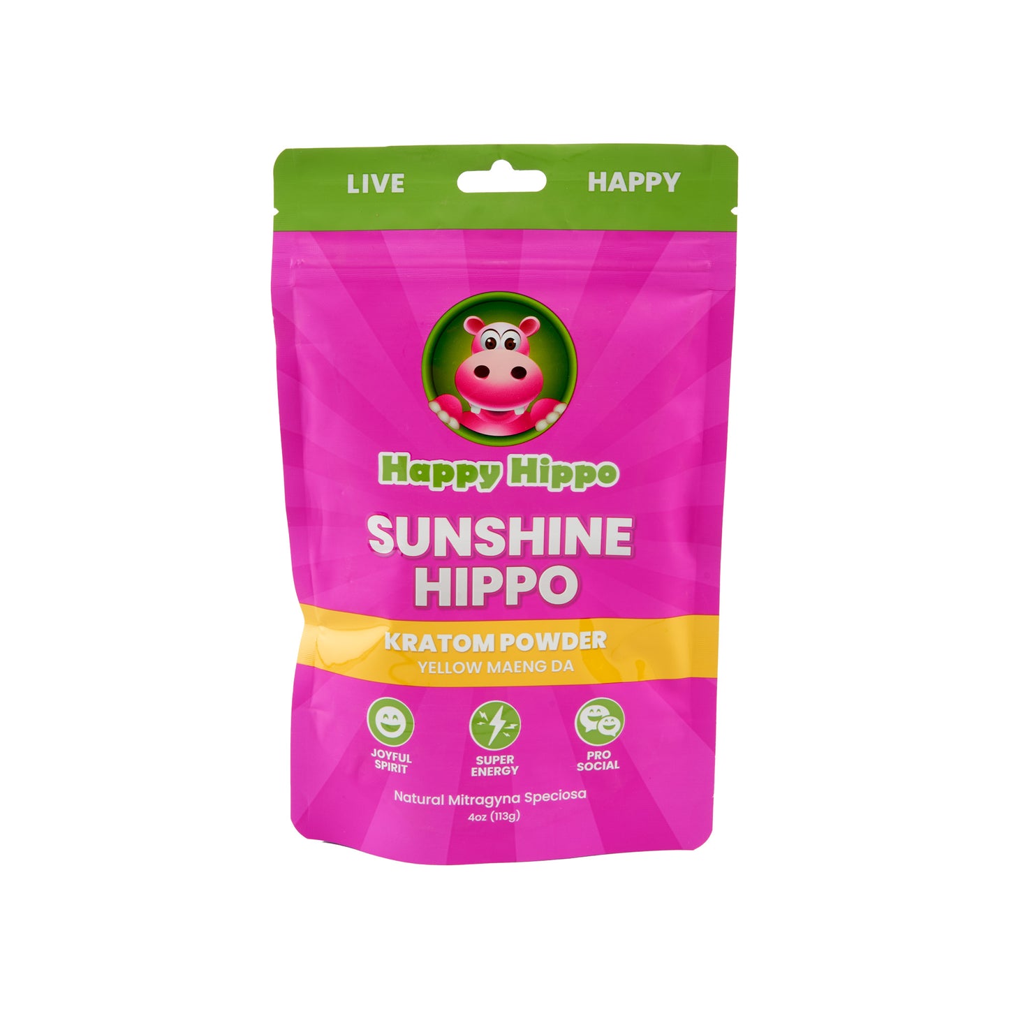 A pink 4oz pouch of Happy Hippo Kratom Powder in the Sunshine Hippo strain