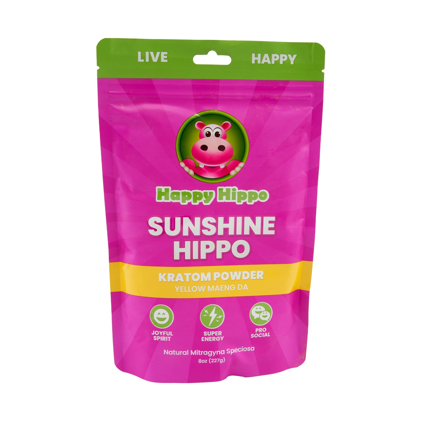 A pink 8oz pouch of Happy Hippo Kratom Powder in the Sunshine Hippo strain