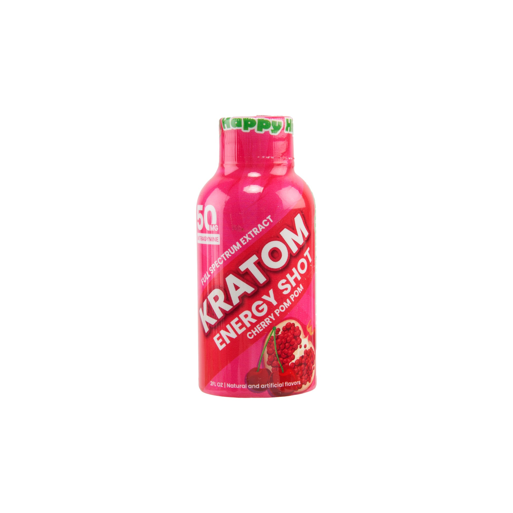 A single pink bottle of Happy Hippo 50mg kratom extract shot in cherry pom pom