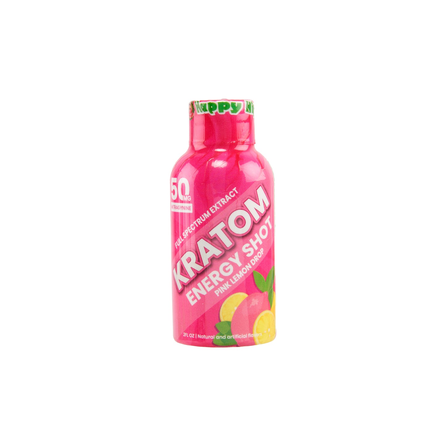 A single pink bottle of Happy Hippo 50mg kratom extract shot in pink lemon drop