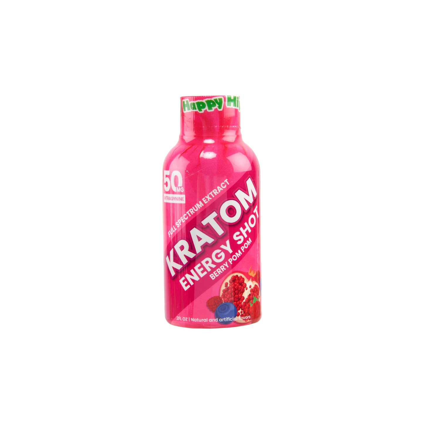 A single pink bottle of Happy Hippo 50mg kratom extract shot in berry pom pom