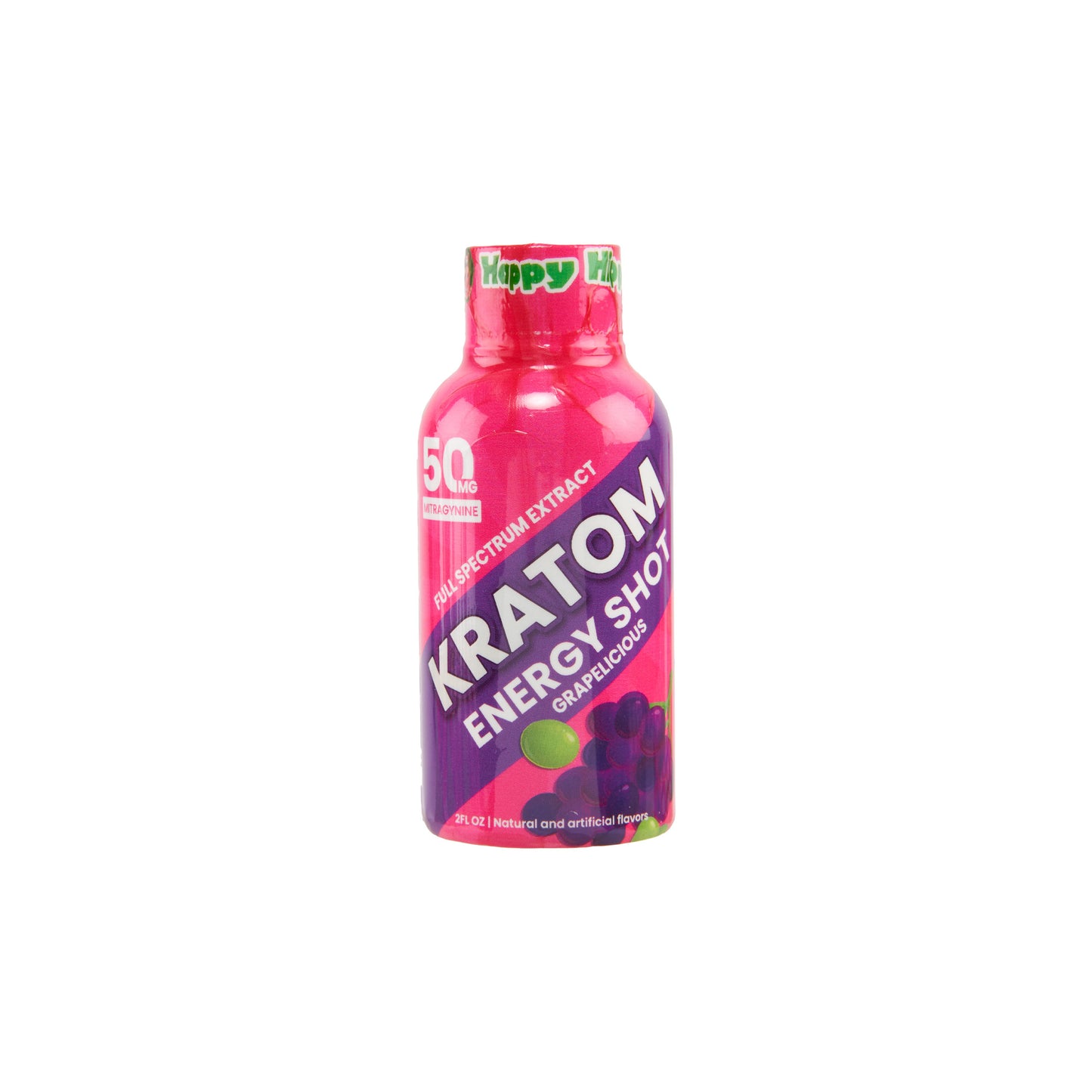 A single pink bottle of Happy Hippo 50mg kratom extract shot in grapelicious