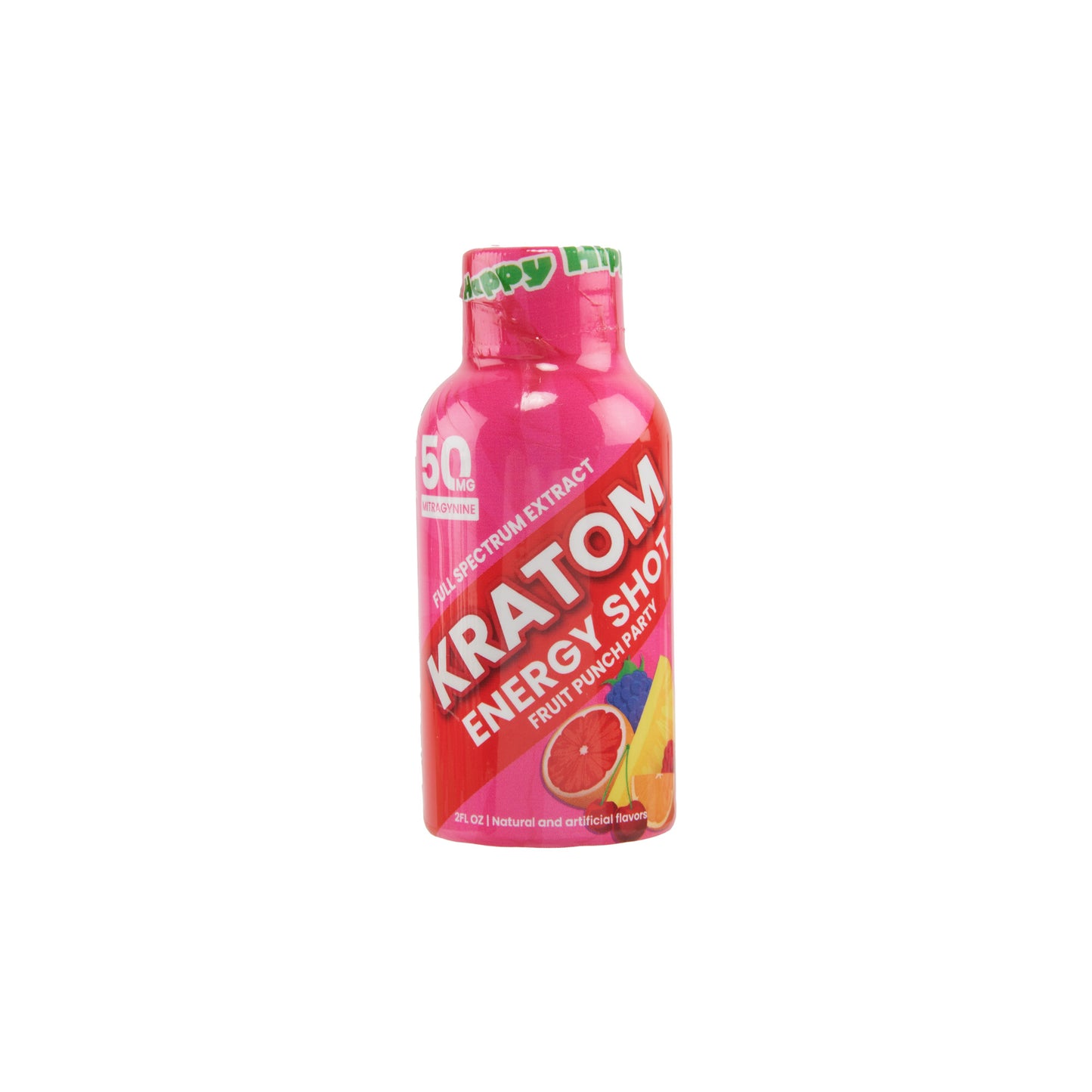 A single pink bottle of Happy Hippo 50mg kratom extract shot in fruit punch party