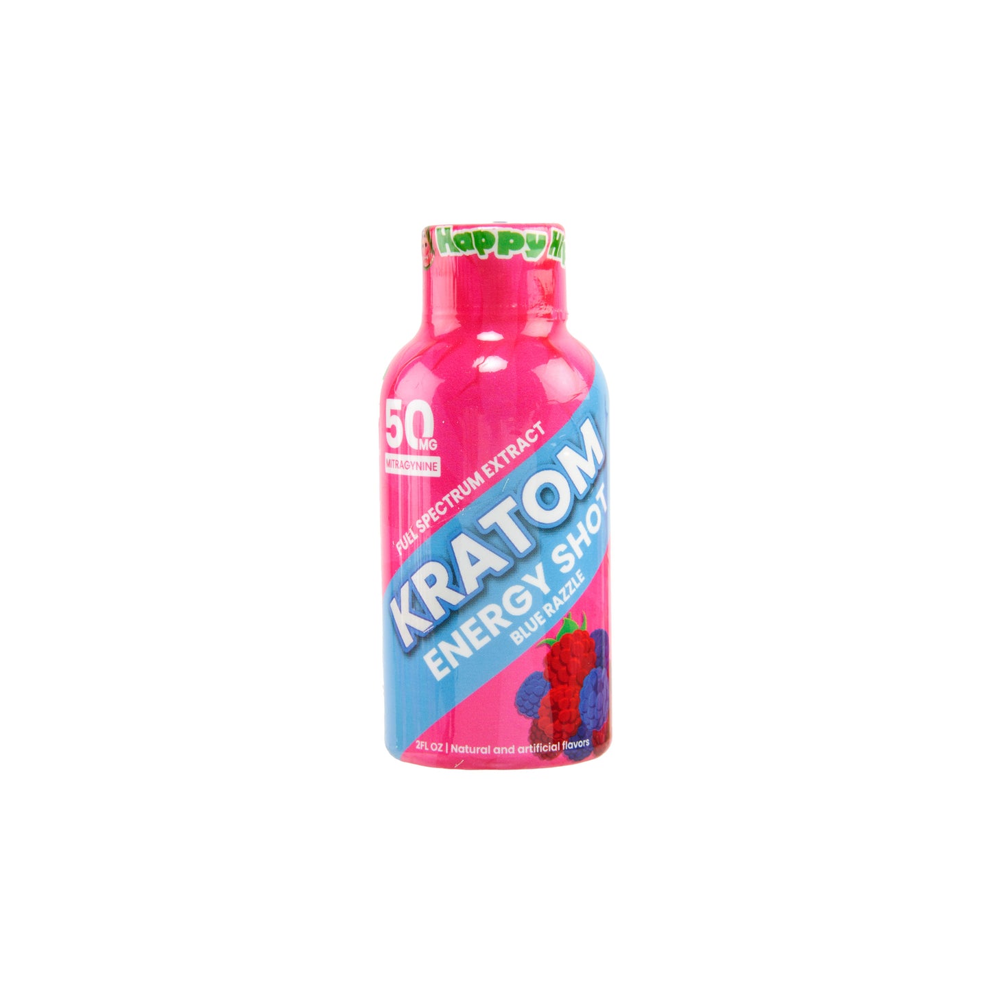 A single pink bottle of Happy Hippo 50mg kratom extract shot in blue razzle