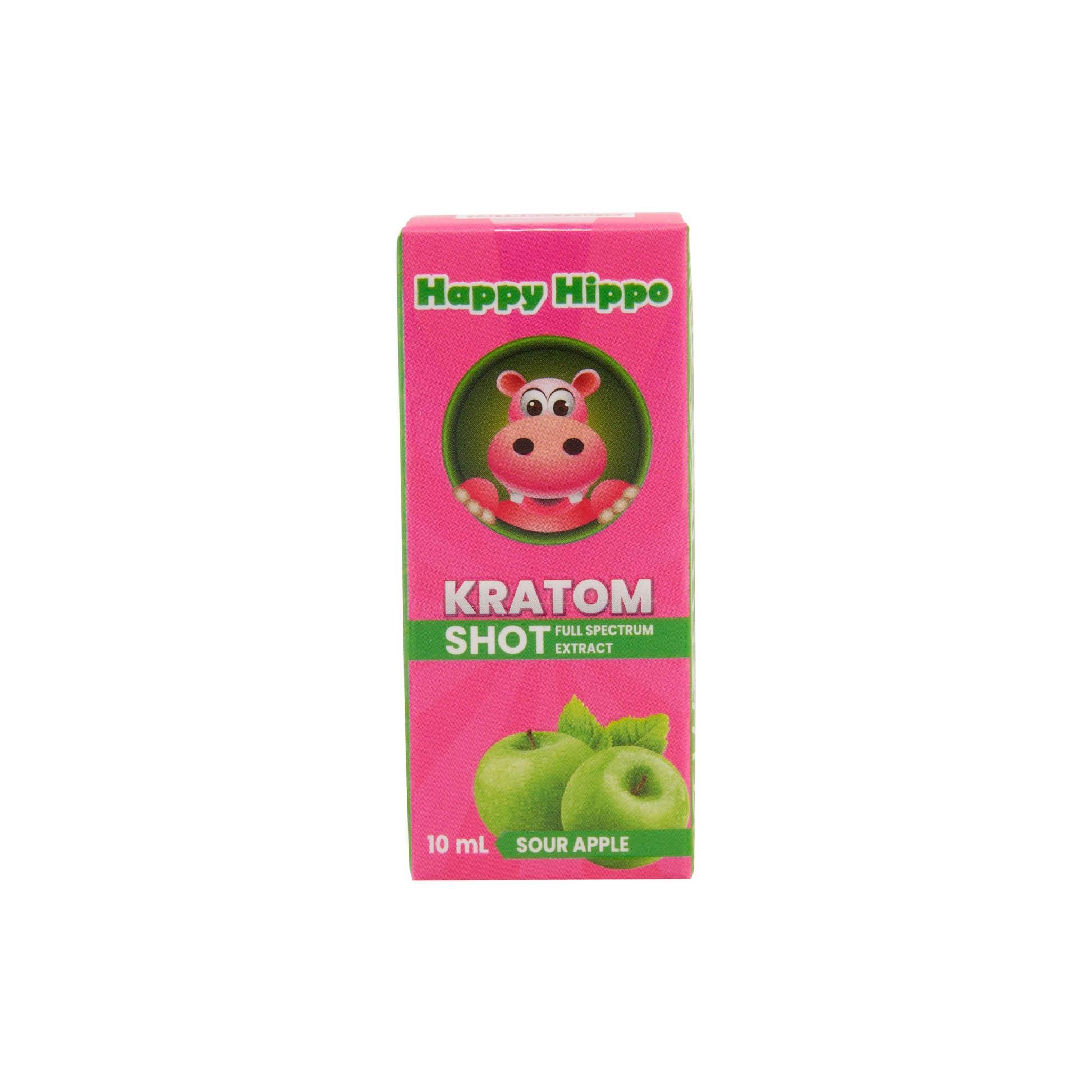 A pink box for a sour apple 60mg Happy Hippo Kratom Extract shot