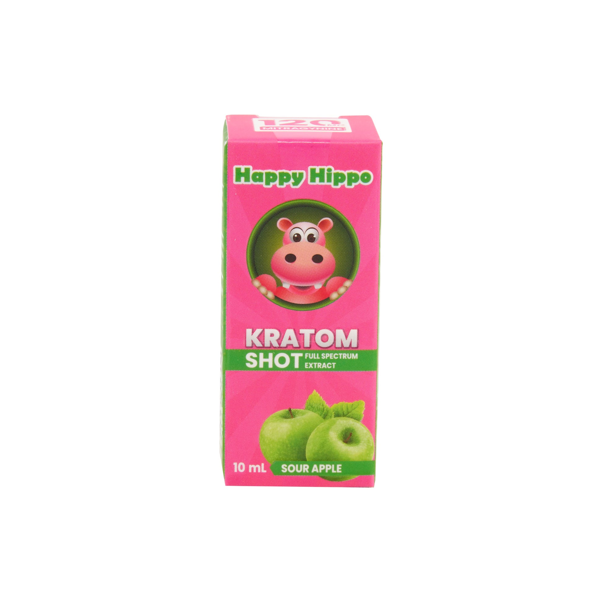 The pink box for a sour apple 120mg Happy Hippo Kratom Extract shot