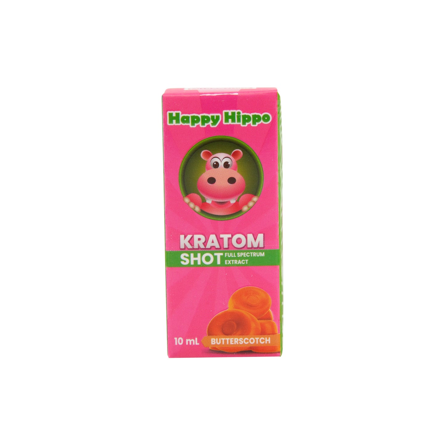 A pink box for a butterscotch 60mg Happy Hippo Kratom Extract shot