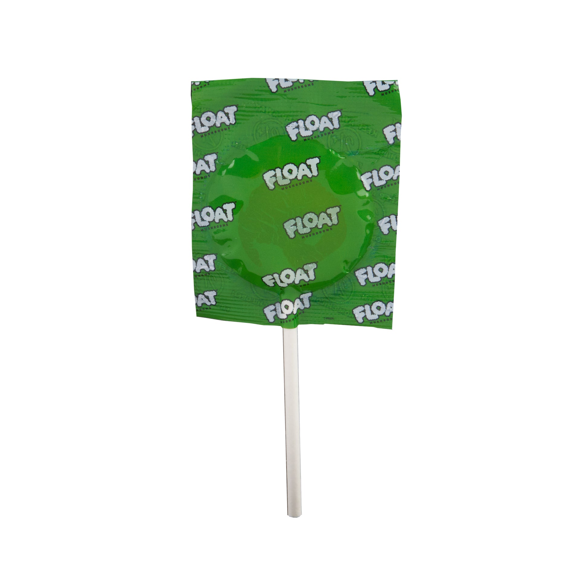 A Magic Melon Float 250mg Mushroom Lollipop in its green wrapper