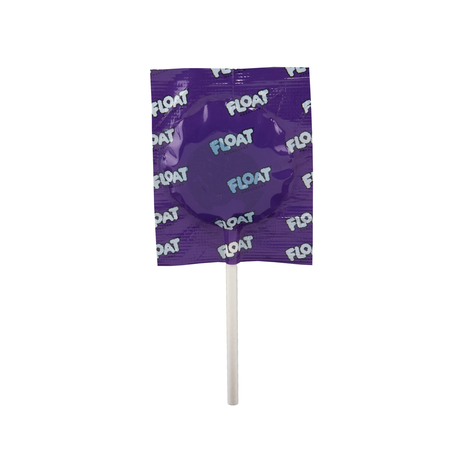 A Berry Wild Float 250mg Mushroom Lollipop in its purple wrapper