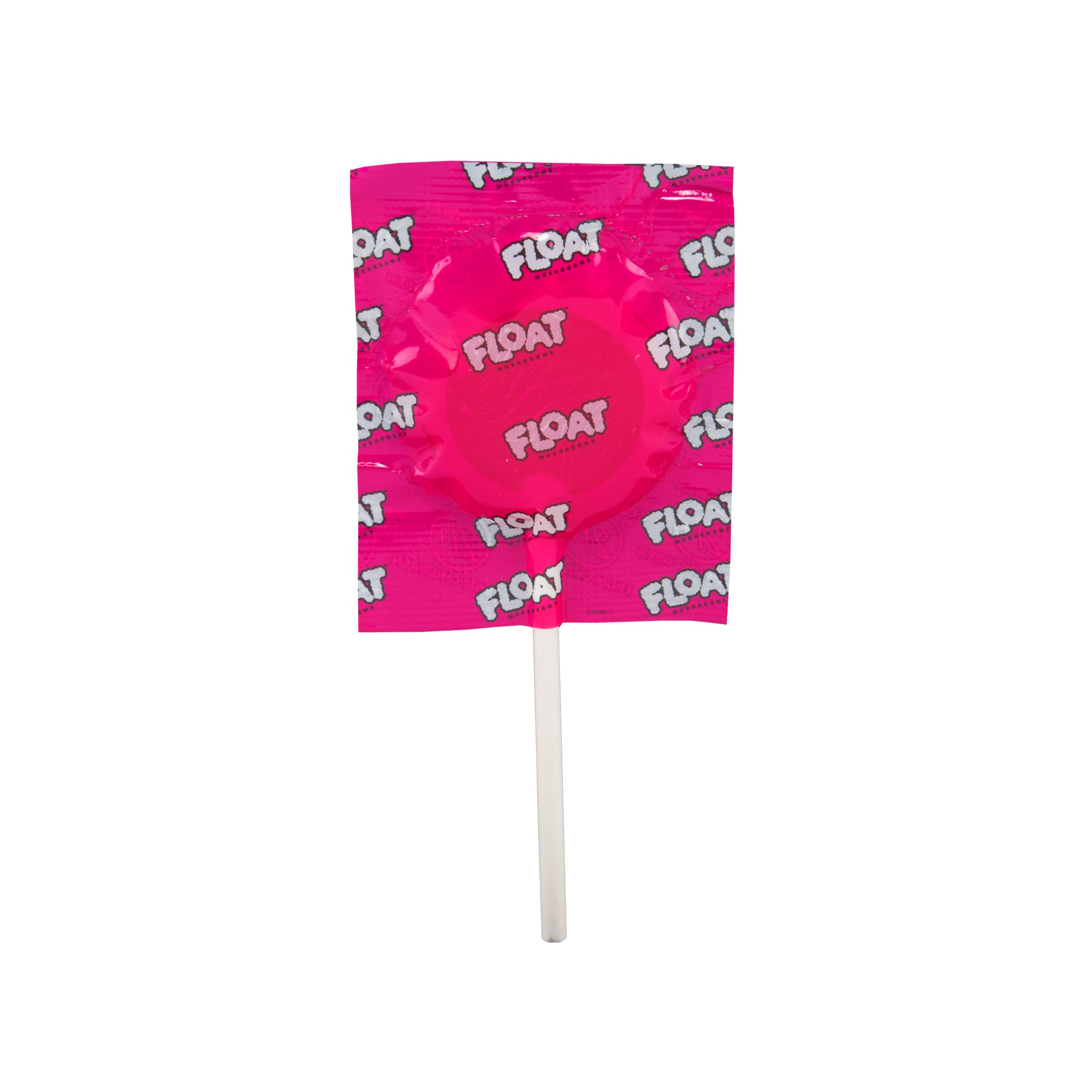 A Pink Pineapple Float 250mg Mushroom Lollipop in its pink wrapper